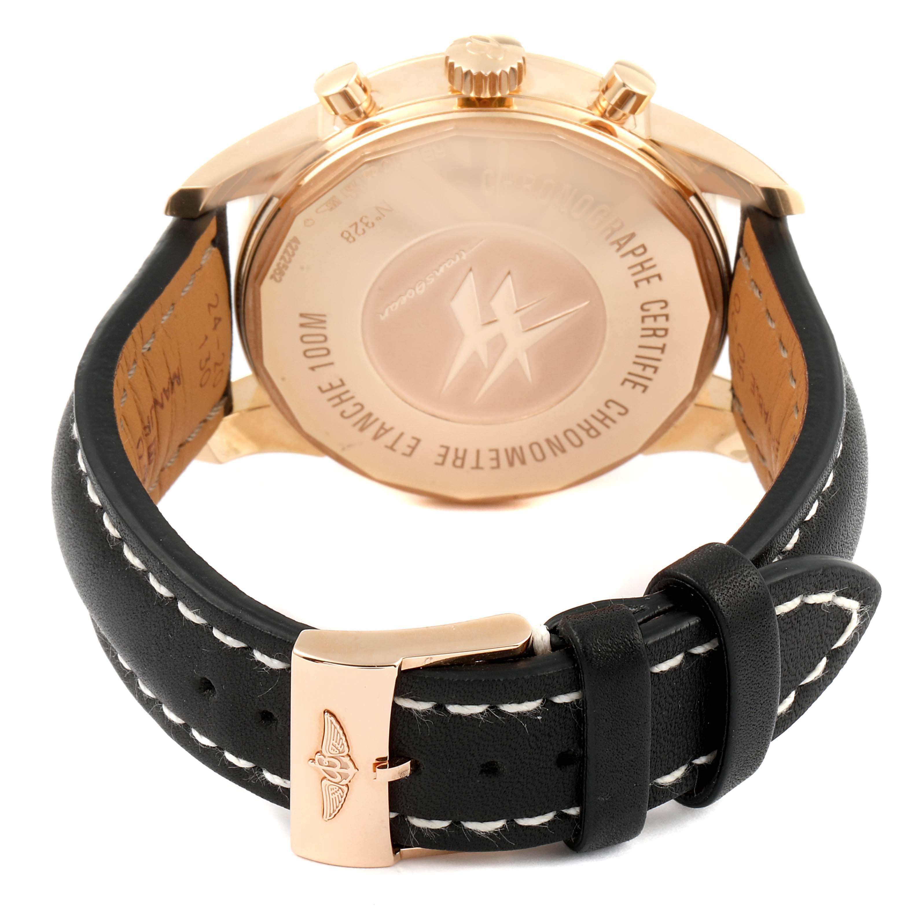 This image shows the back case and leather strap of a Breitling Transocean RB0510U4-BB63BKLD Men's Rose Gold Black Dial RB0510U4-BB63BKLD Men's Rose Gold Black Dial watch from a rear angle.