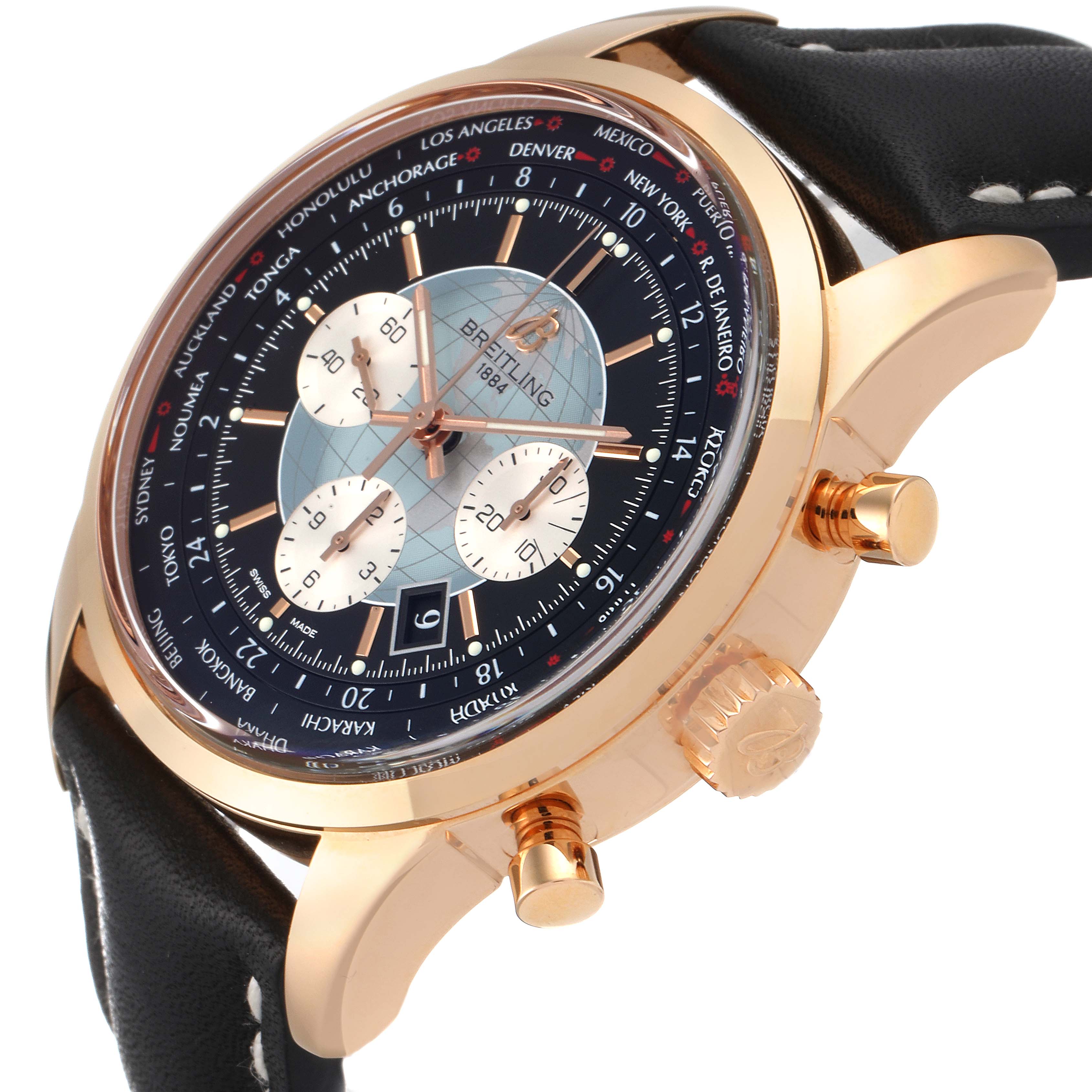 The Breitling Transocean RB0510U4-BB63BKLD Men's Rose Gold Black Dial RB0510U4-BB63BKLD Men's Rose Gold Black Dial watch is shown at an oblique angle highlighting its dial, crown, pushers, and black leather strap.