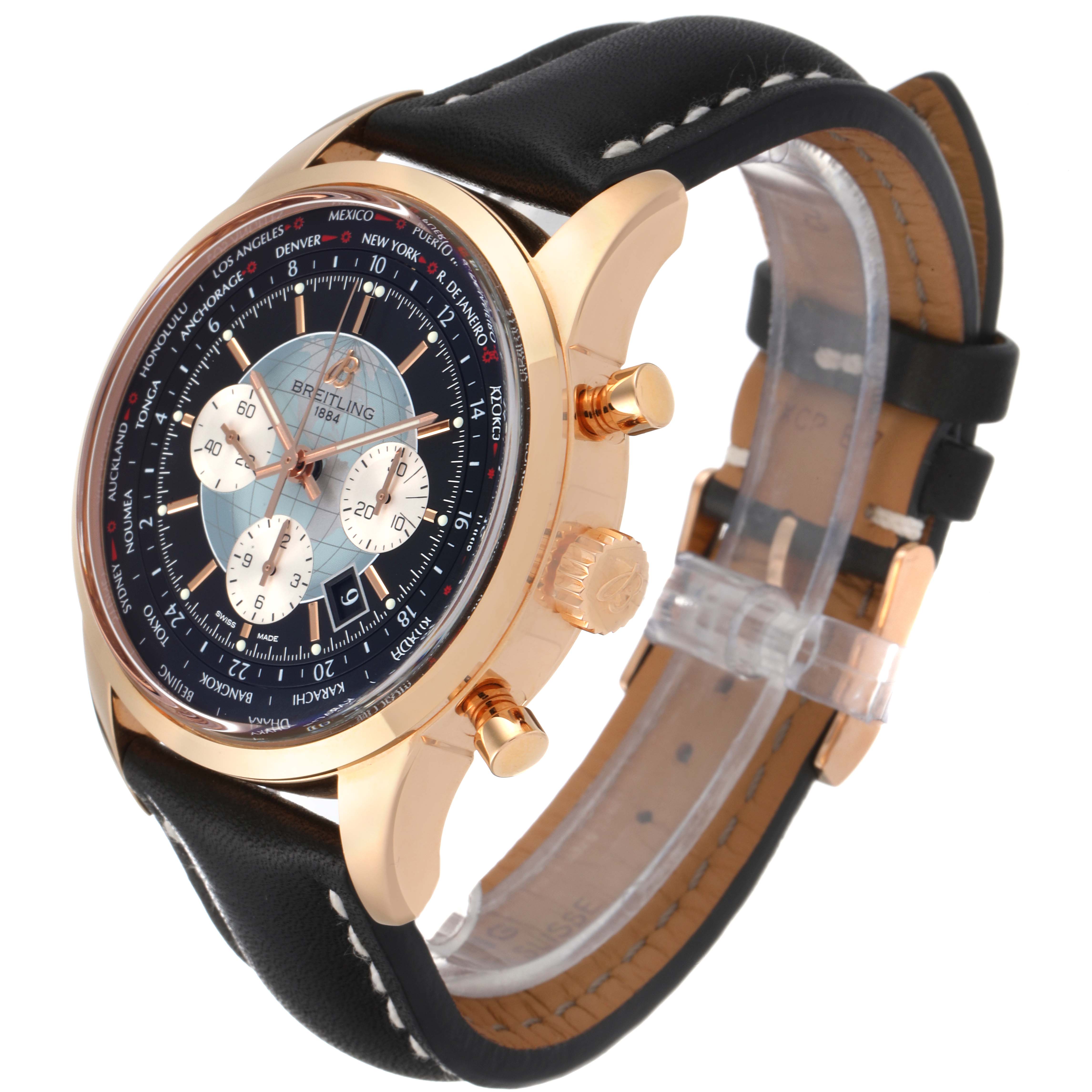 This image showcases a side view of the Breitling Transocean RB0510U4-BB63BKLD Men's Rose Gold Black Dial RB0510U4-BB63BKLD Men's Rose Gold Black Dial watch, highlighting the case, crown, pushers, and leather strap.