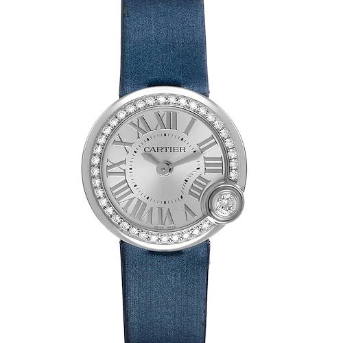 The image shows a frontal view of the Cartier Ballon Blanc W4BL0002 Women's Stainless Steel Silver Dial watch, highlighting its diamond-set bezel and elegant blue strap.