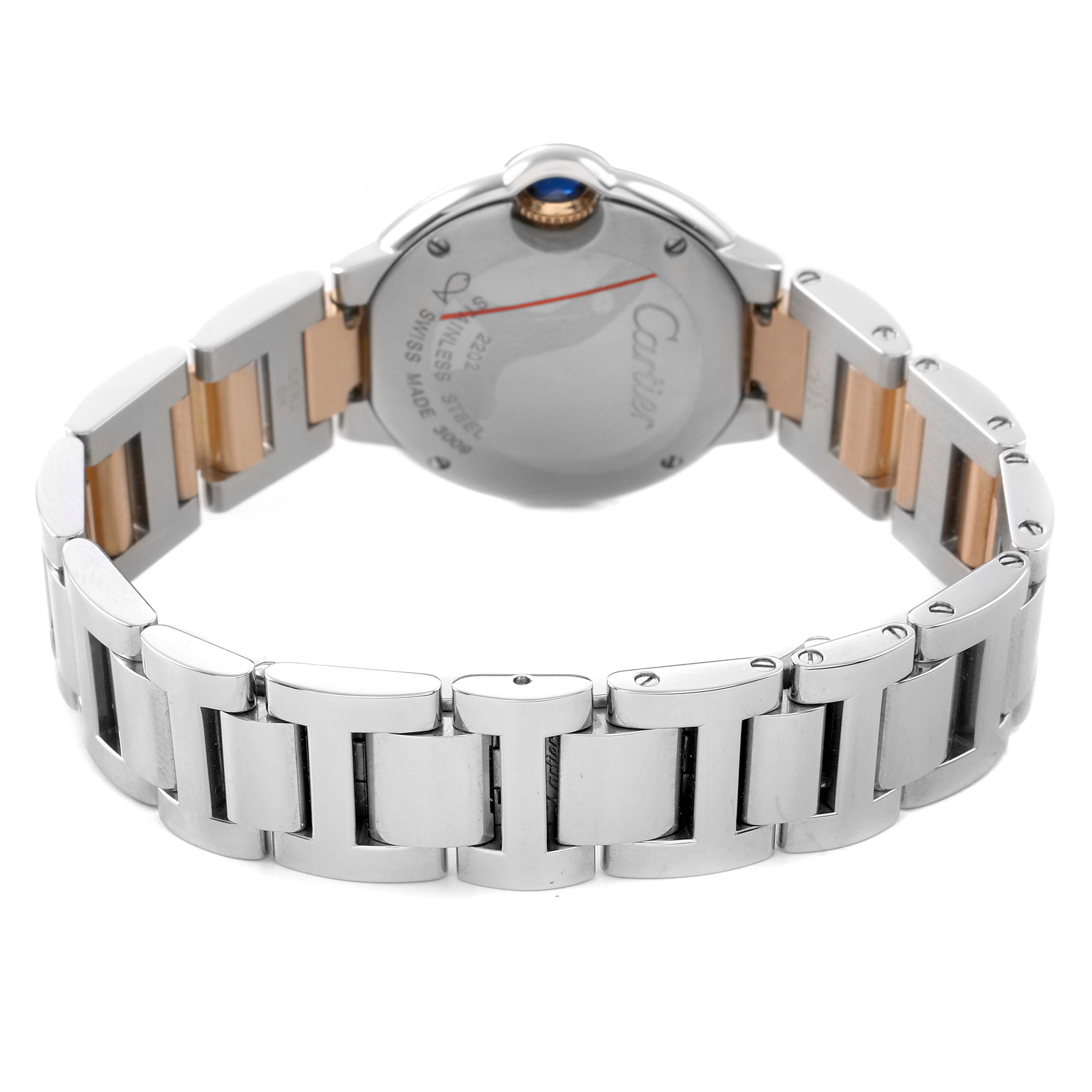 The image shows the back of a Cartier Ballon Bleu W6920034 Women's Stainless Steel Mother of Pearl Dial watch, highlighting the bracelet and case back.