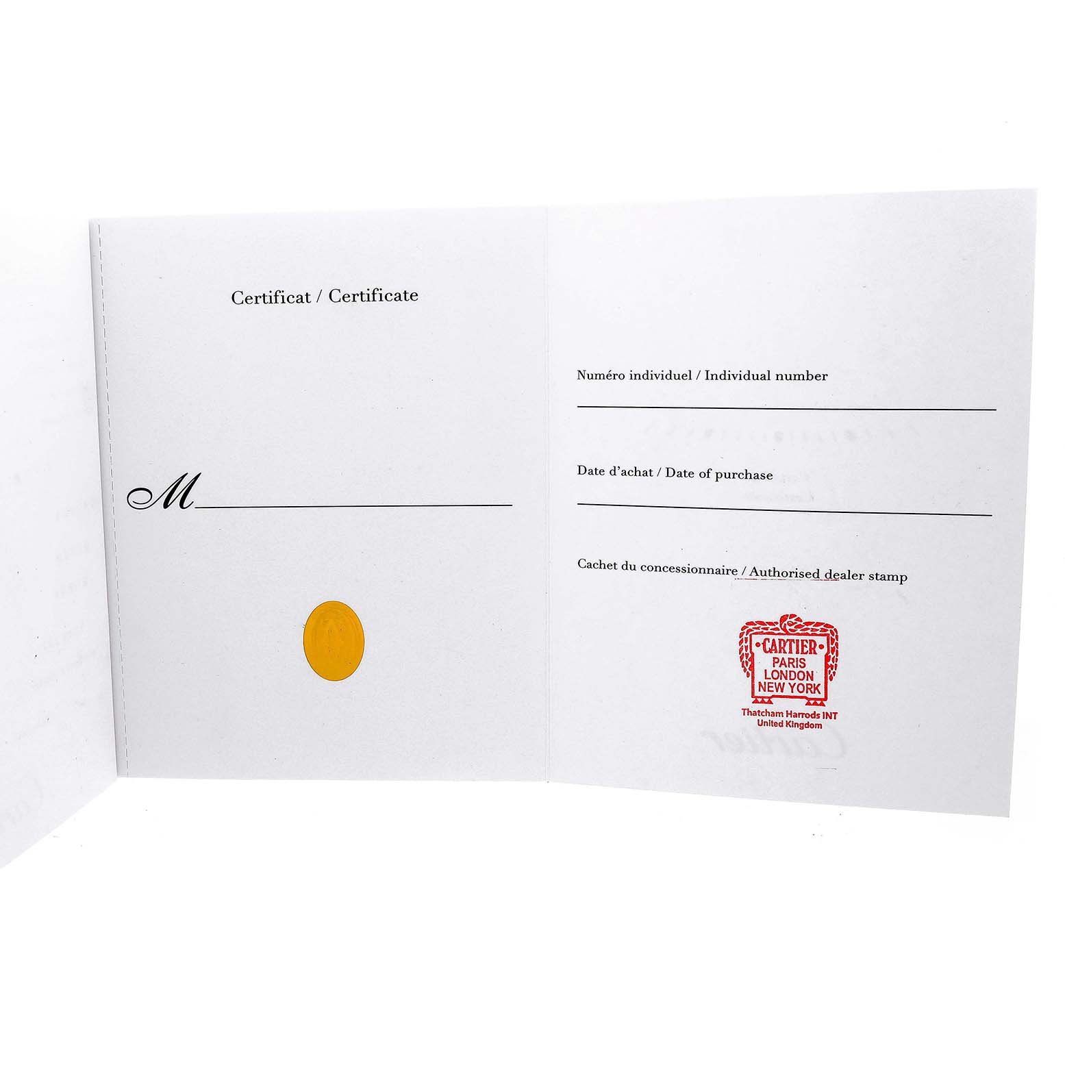 The image shows an open warranty certificate for the Ballon Bleu model by Cartier.