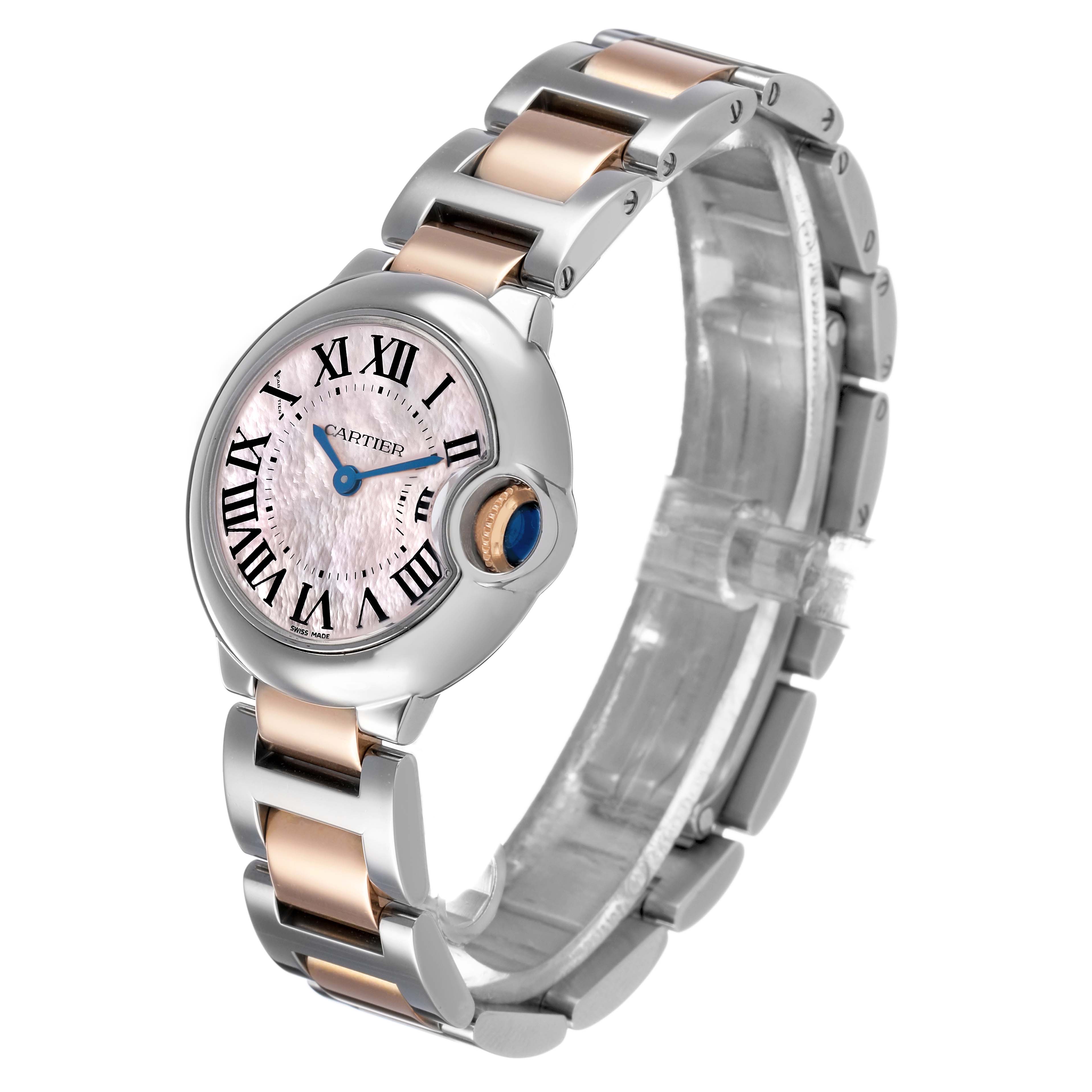 The Cartier Ballon Bleu W6920034 Women's Stainless Steel Mother of Pearl Dial watch is shown at a three-quarter angle, highlighting its round face, crown, and two-tone bracelet.