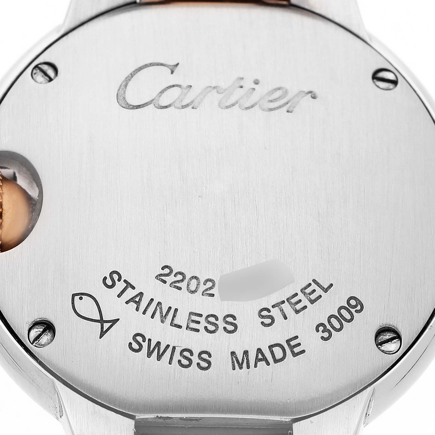The image shows the back of the Cartier Ballon Bleu W6920034 Women's Stainless Steel Mother of Pearl Dial watch, highlighting the brand logo and model details engraved on the stainless steel case.