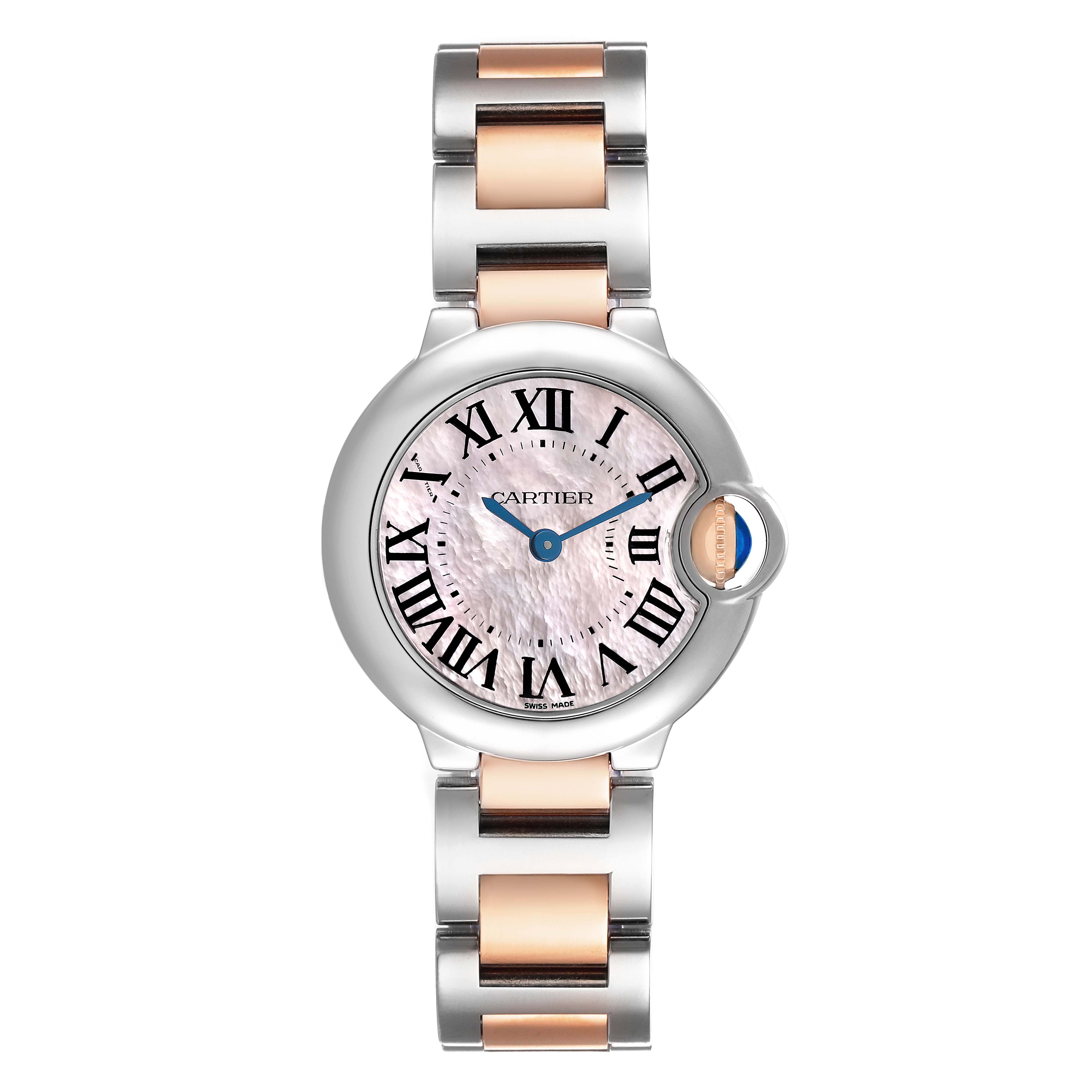 The Cartier Ballon Bleu W6920034 Women's Stainless Steel Mother of Pearl Dial watch is shown from a top-down angle, displaying the face and bracelet.