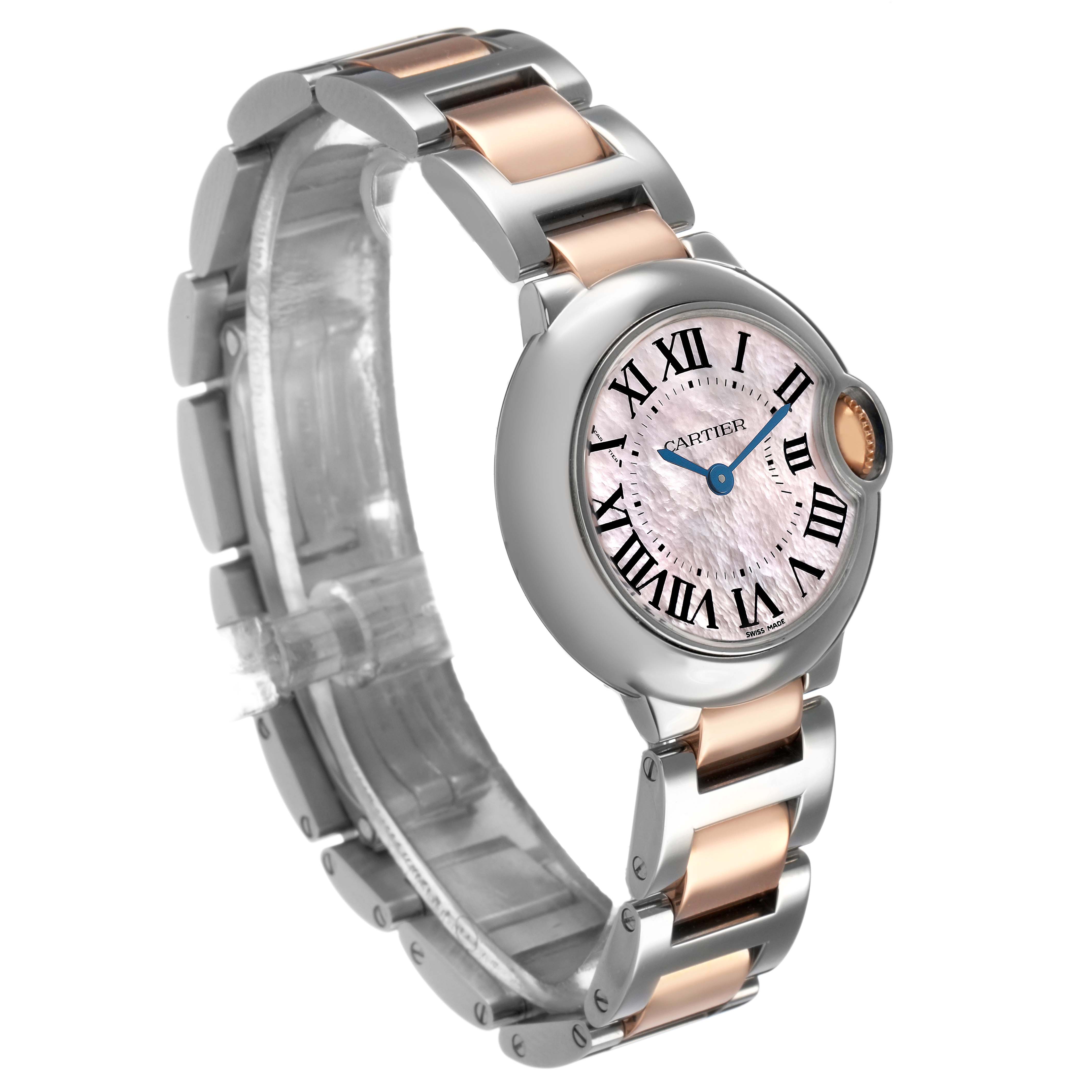 The Cartier Ballon Bleu W6920034 Women's Stainless Steel Mother of Pearl Dial watch is shown at a three-quarter angle, highlighting its bracelet and face with Roman numerals.