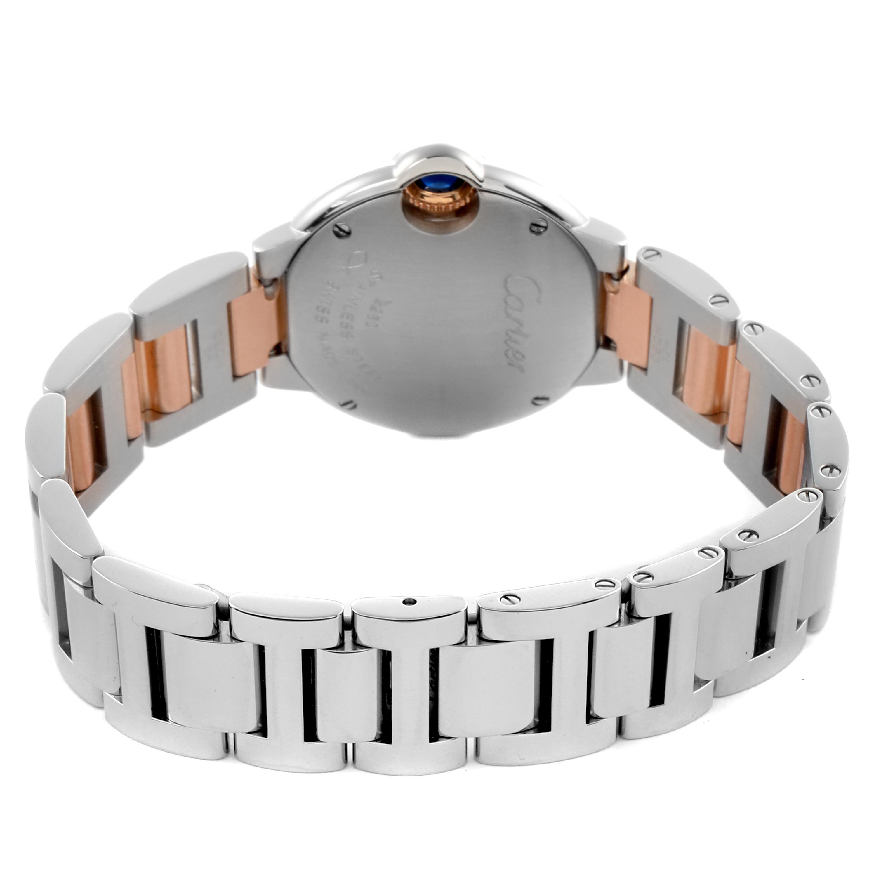 The image shows the back and bracelet of the Cartier Ballon Bleu W6920034 Women's Steel and Gold (two tone) Mother of Pearl Dial W6920034 Women's Steel and Gold (two tone) Mother of Pearl Dial watch, highlighting the case and two-tone metal links.