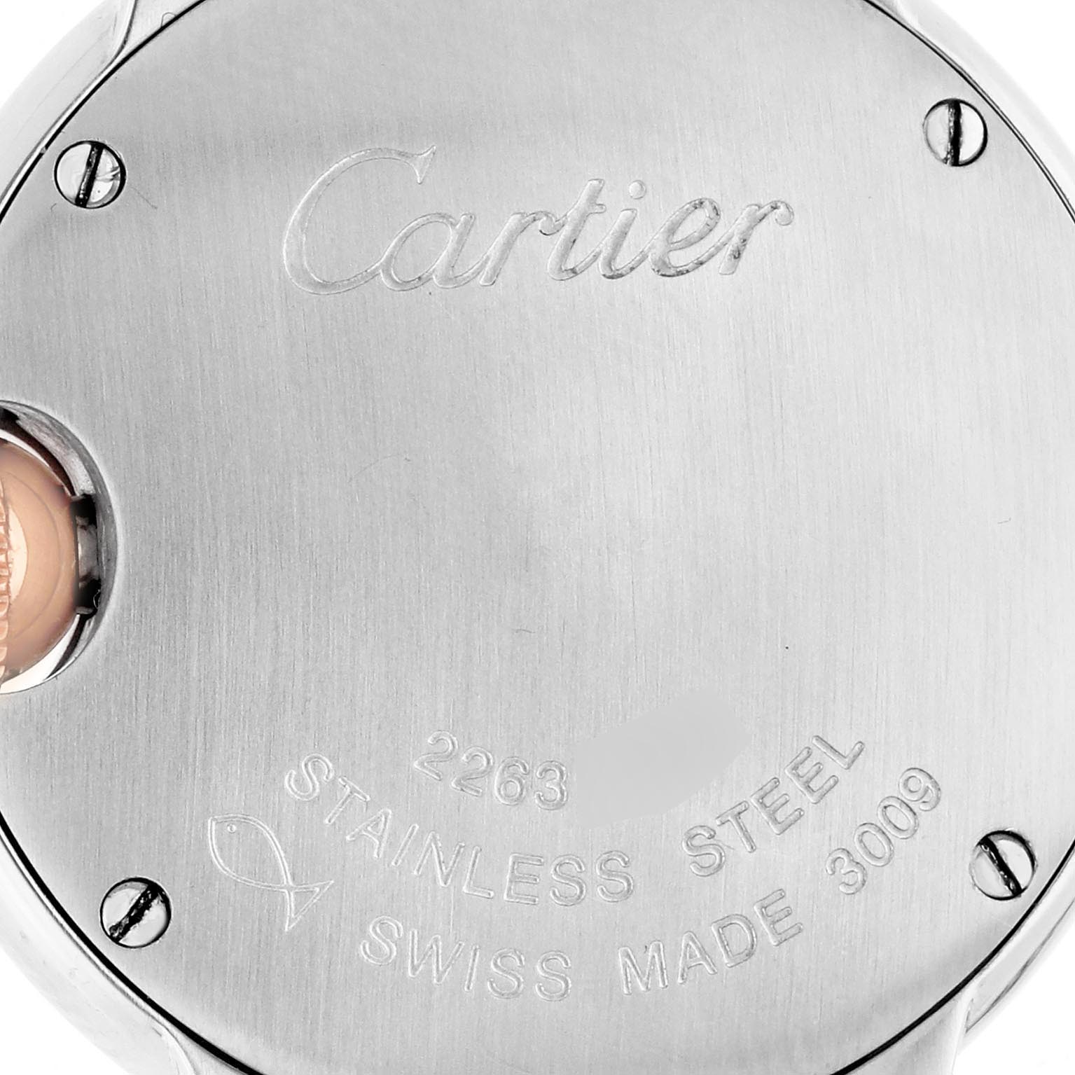 The image shows the back of the Ballon Bleu de Cartier watch, highlighting the brand engraving and stainless steel back.