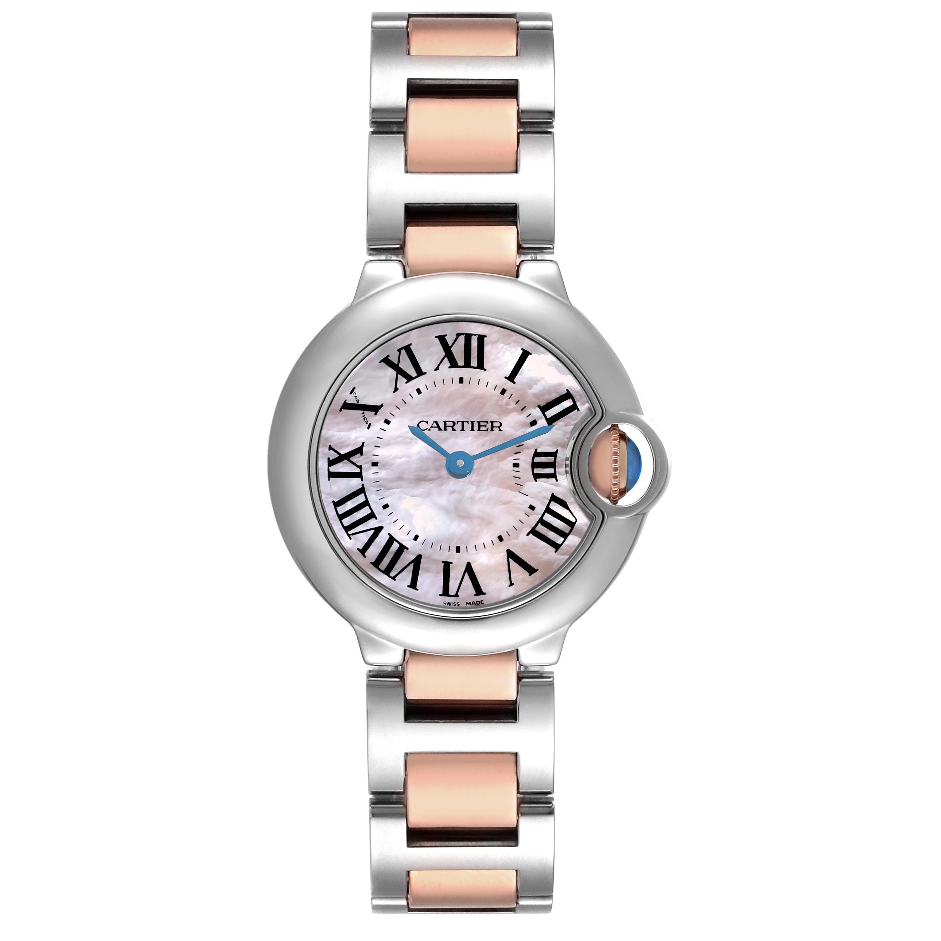 The Cartier Ballon Bleu W6920034 Women's Steel and Gold (two tone) Mother of Pearl Dial W6920034 Women's Steel and Gold (two tone) Mother of Pearl Dial watch is shown from a top-down angle, highlighting its dial, case, and metal bracelet.