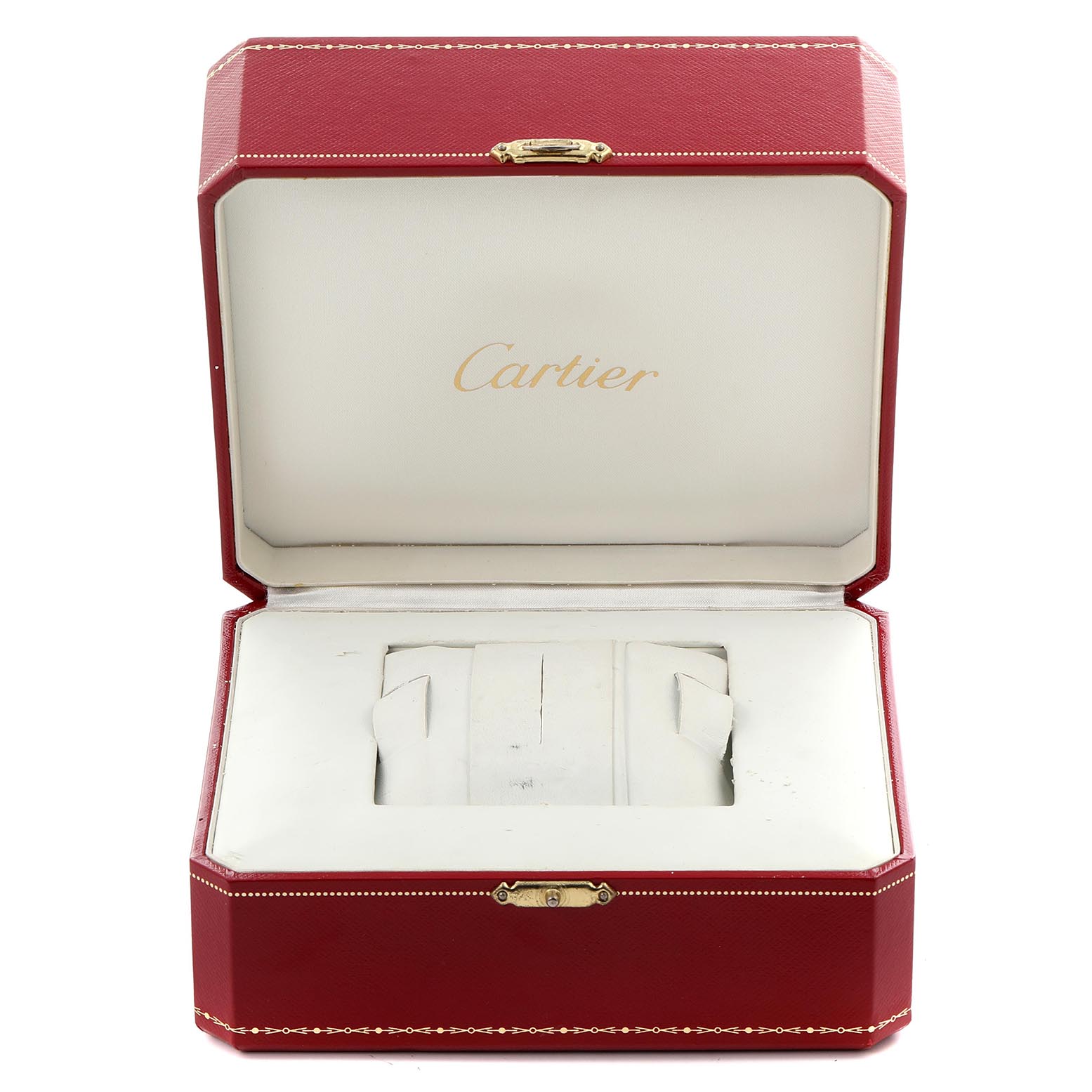 The image shows an open Cartier Ballon Bleu W6920034 Women's Steel and Gold (two tone) Mother of Pearl Dial W6920034 Women's Steel and Gold (two tone) Mother of Pearl Dial watch box, highlighting the brand name and cushion inside.