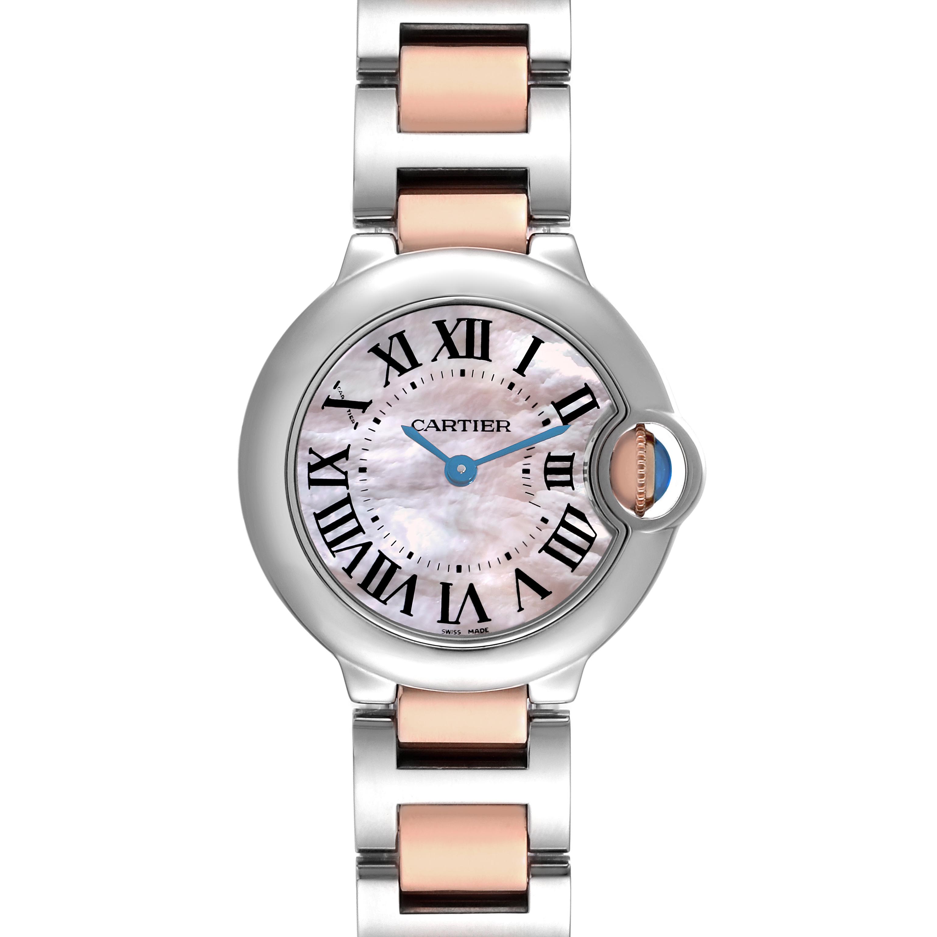 The Cartier Ballon Bleu W6920034 Women's Steel and Gold (two tone) Mother of Pearl Dial W6920034 Women's Steel and Gold (two tone) Mother of Pearl Dial watch is shown from a top view, highlighting its round face, Roman numerals, and two-tone bracelet.