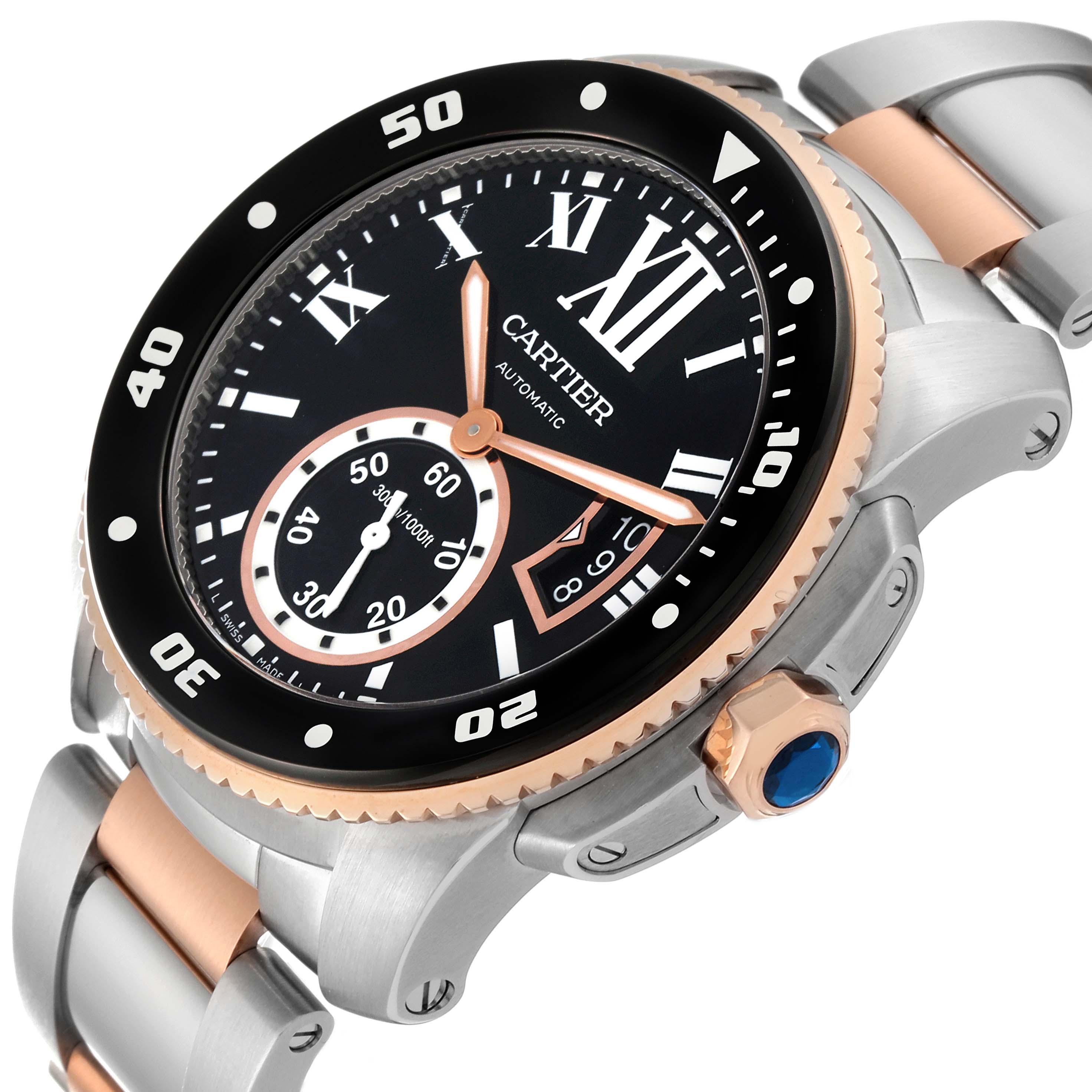 The image shows a Calibre de Cartier watch by Cartier at an angle highlighting its face, bezel, crown, and part of the band.