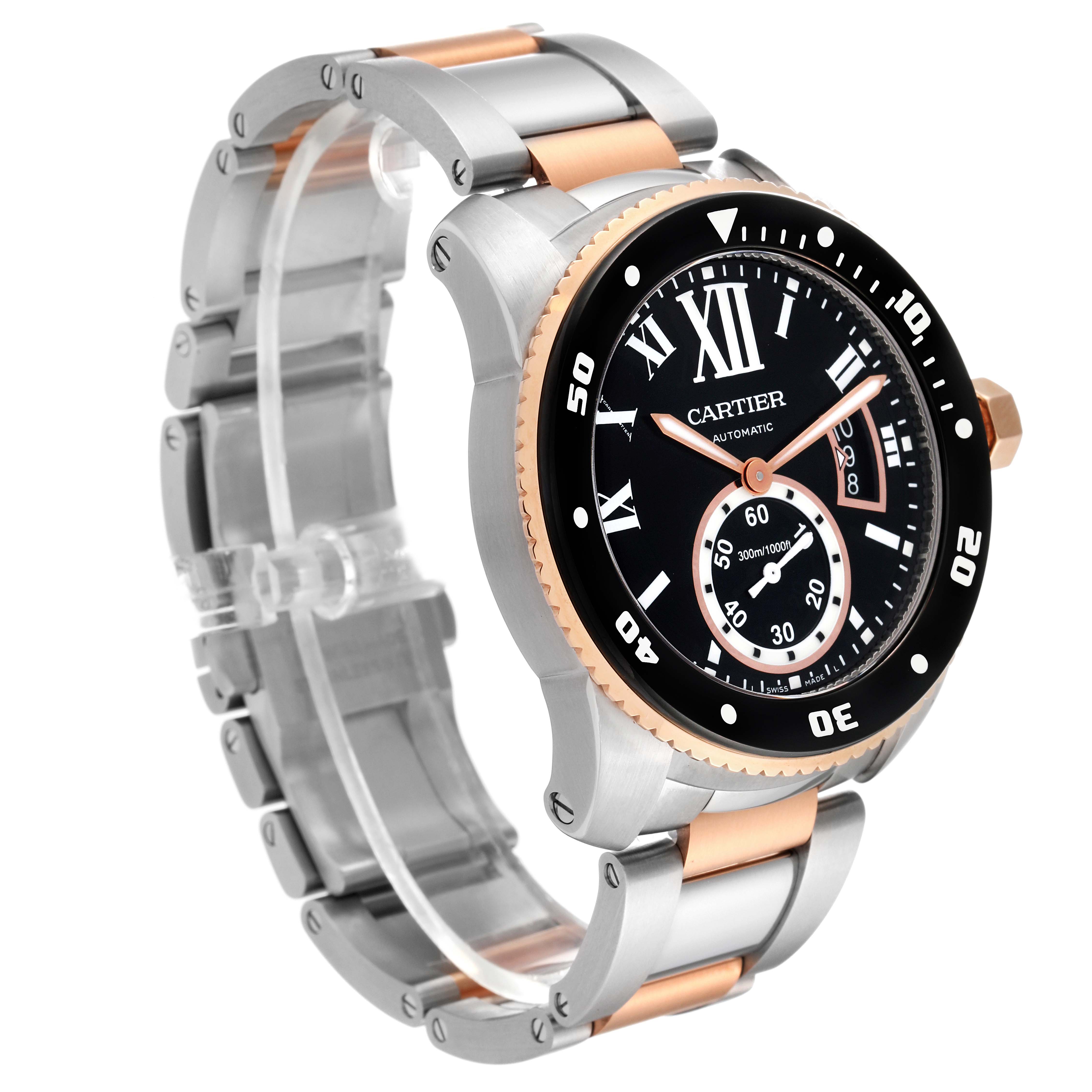 The Calibre de Cartier watch by Cartier is shown at a three-quarter angle, highlighting its dial, bezel, and metal strap.