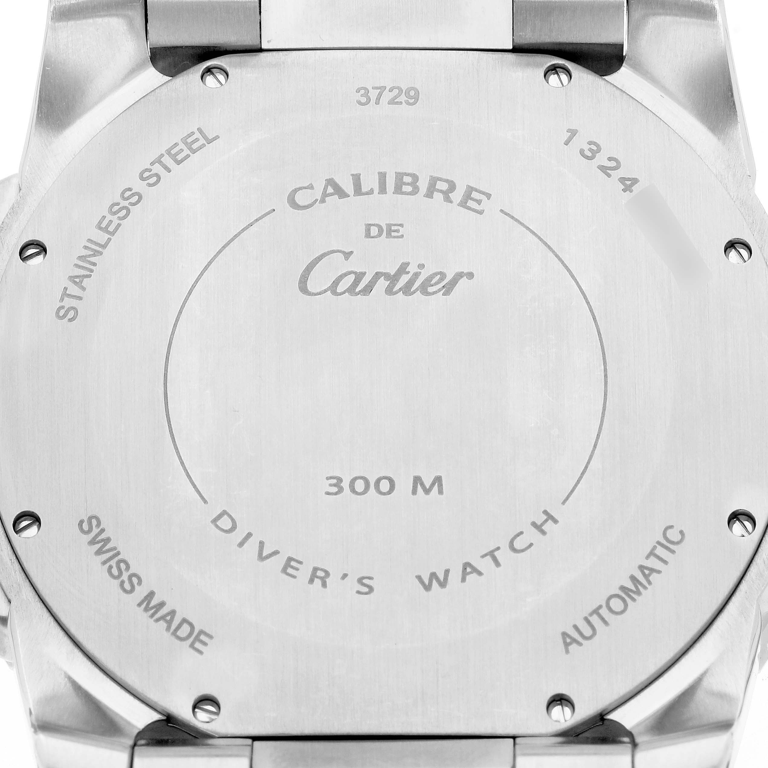The image shows the back case of a Calibre de Cartier diver's watch by Cartier.