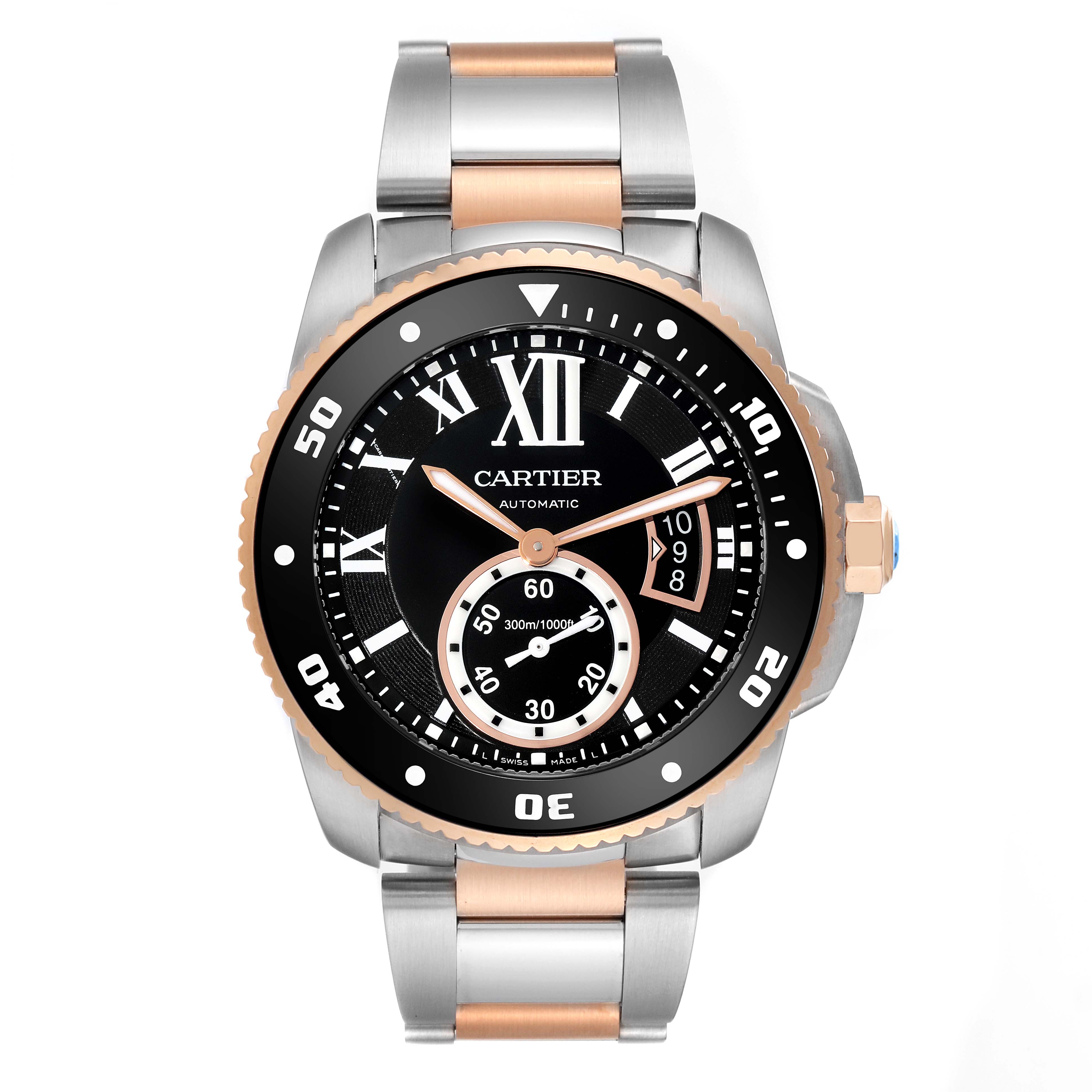 The image shows a front view of a Calibre de Cartier watch by Cartier, highlighting the dial, bezel, and stainless steel bracelet.