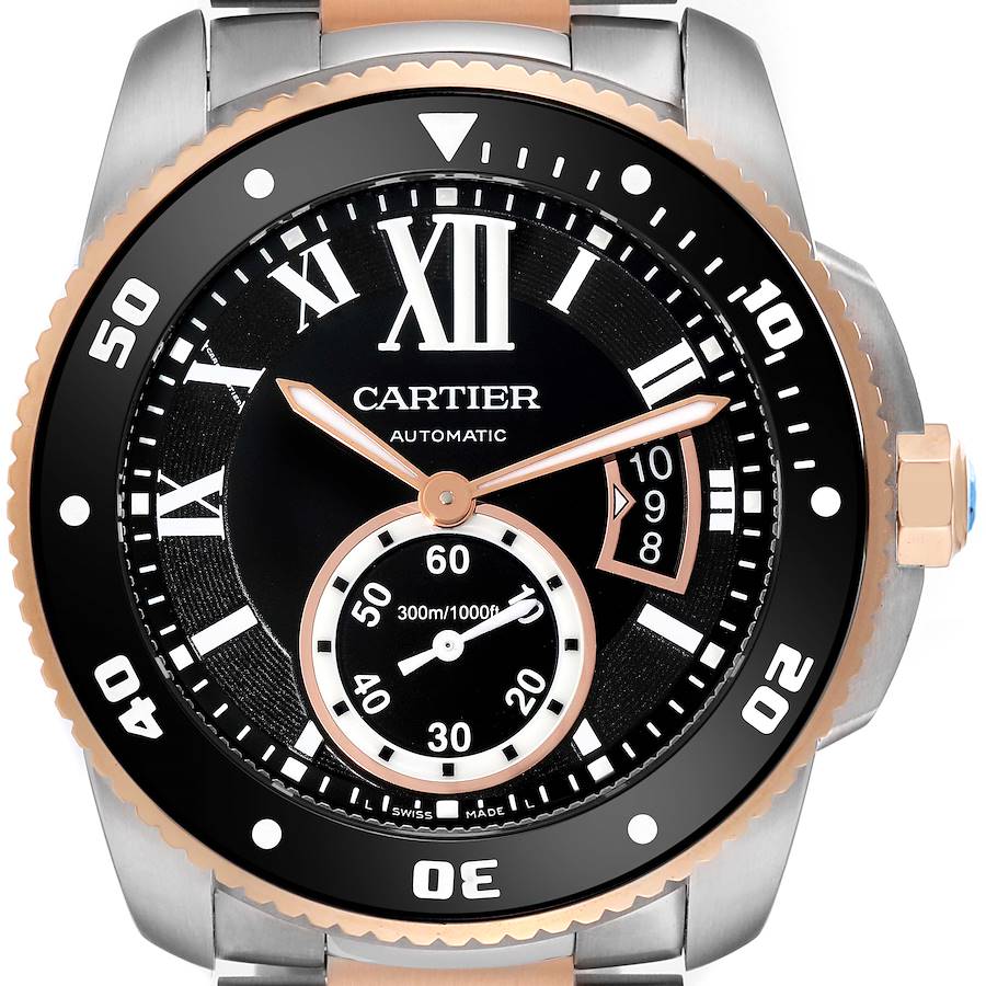 Cartier Calibre Diver Steel Rose Gold Black Dial Mens Watch W7100054 SwissWatchExpo