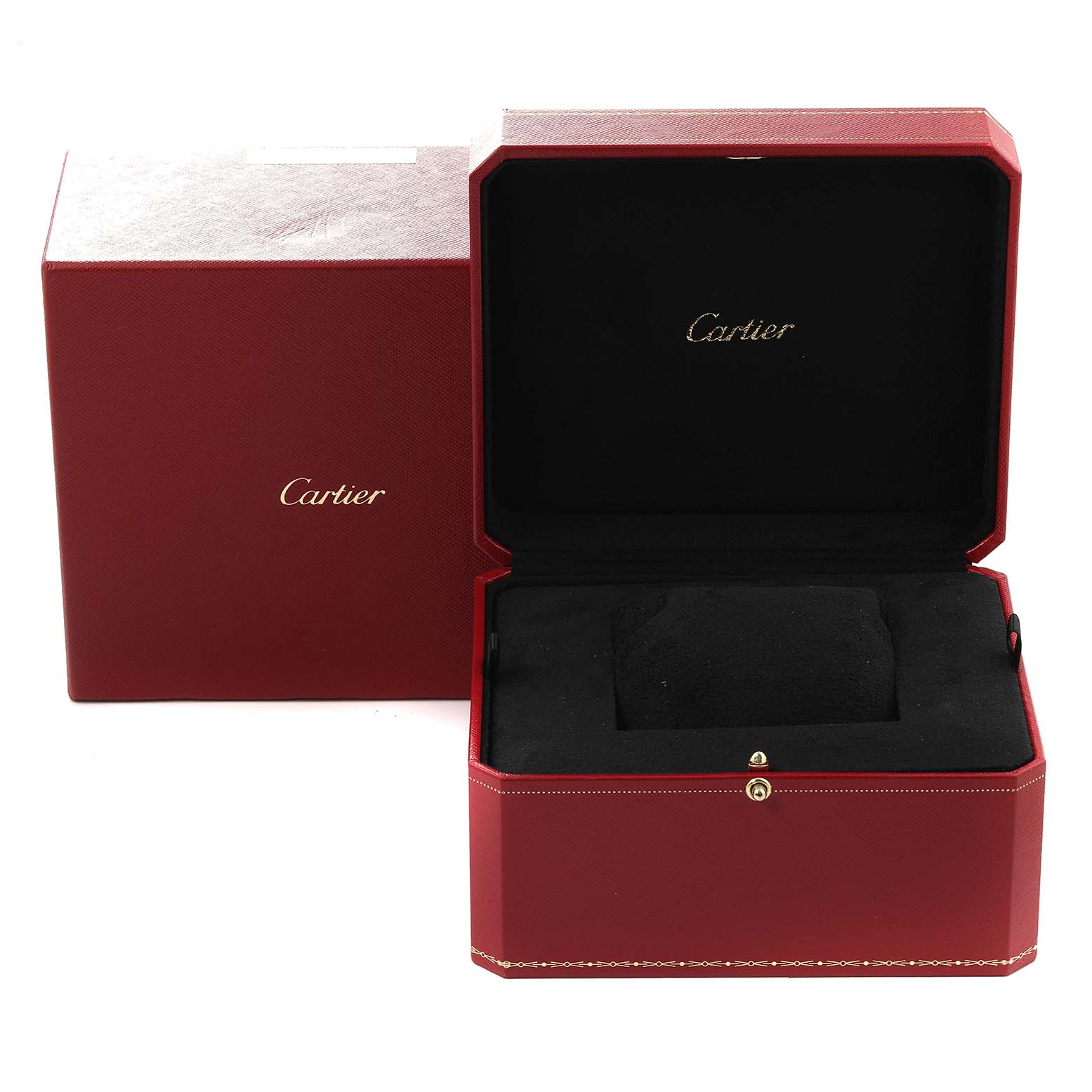 This image shows the open and closed red Cartier watch box for the Calibre de Cartier model.