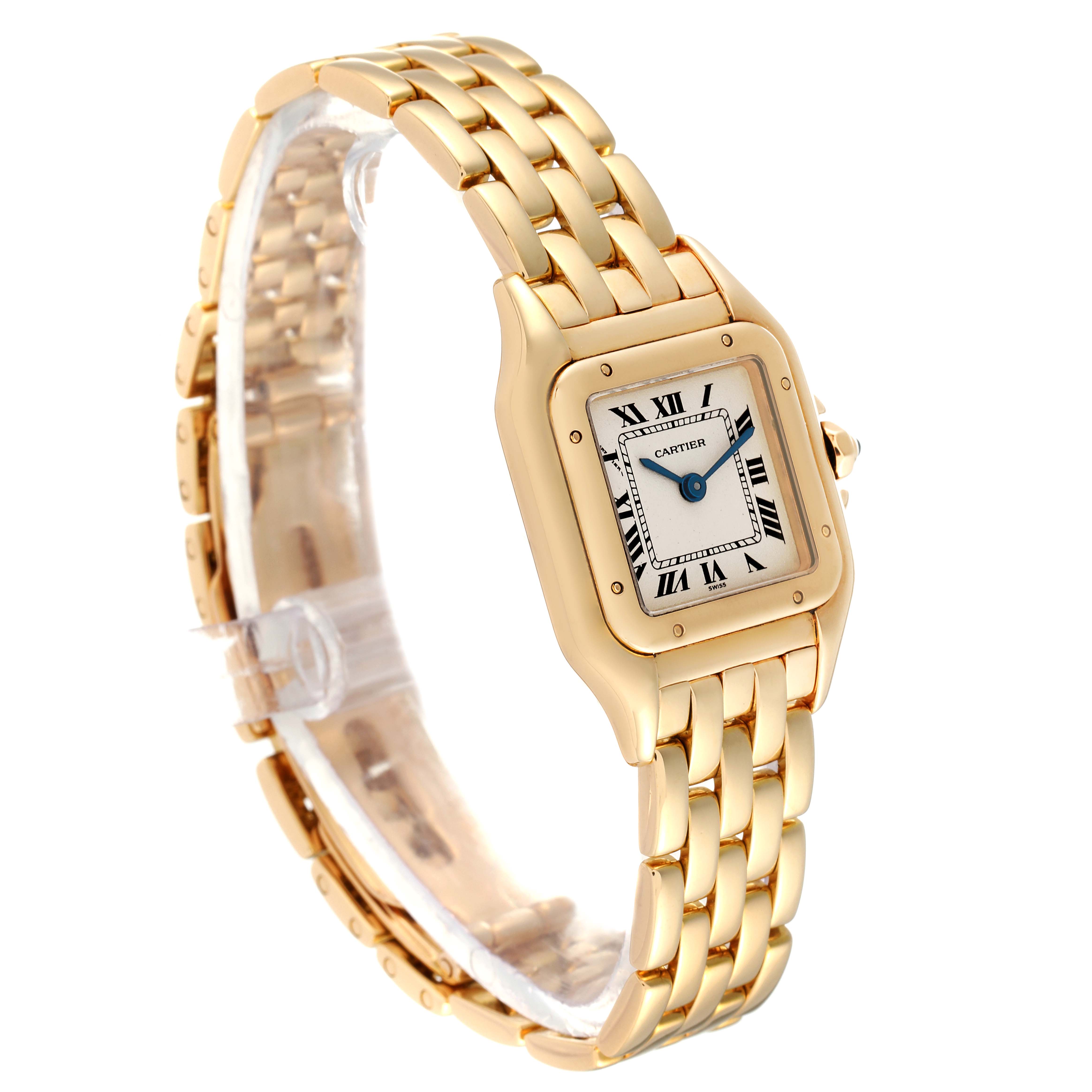 The image shows a Panthere model by Cartier from a side angle, revealing the gold bracelet and square dial.