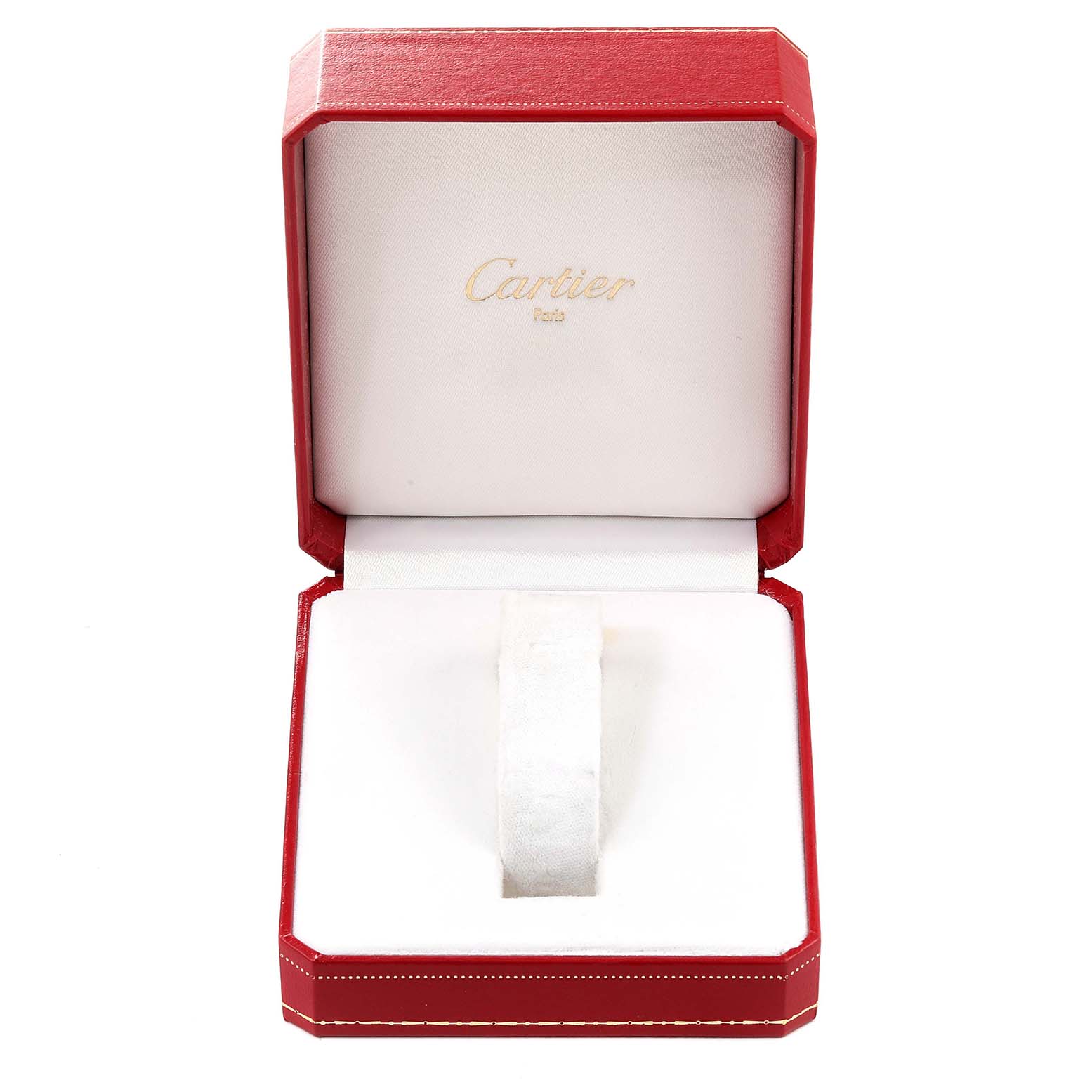 The image shows an open red Cartier box, likely for the Panthère model watch, displaying the interior cushion.