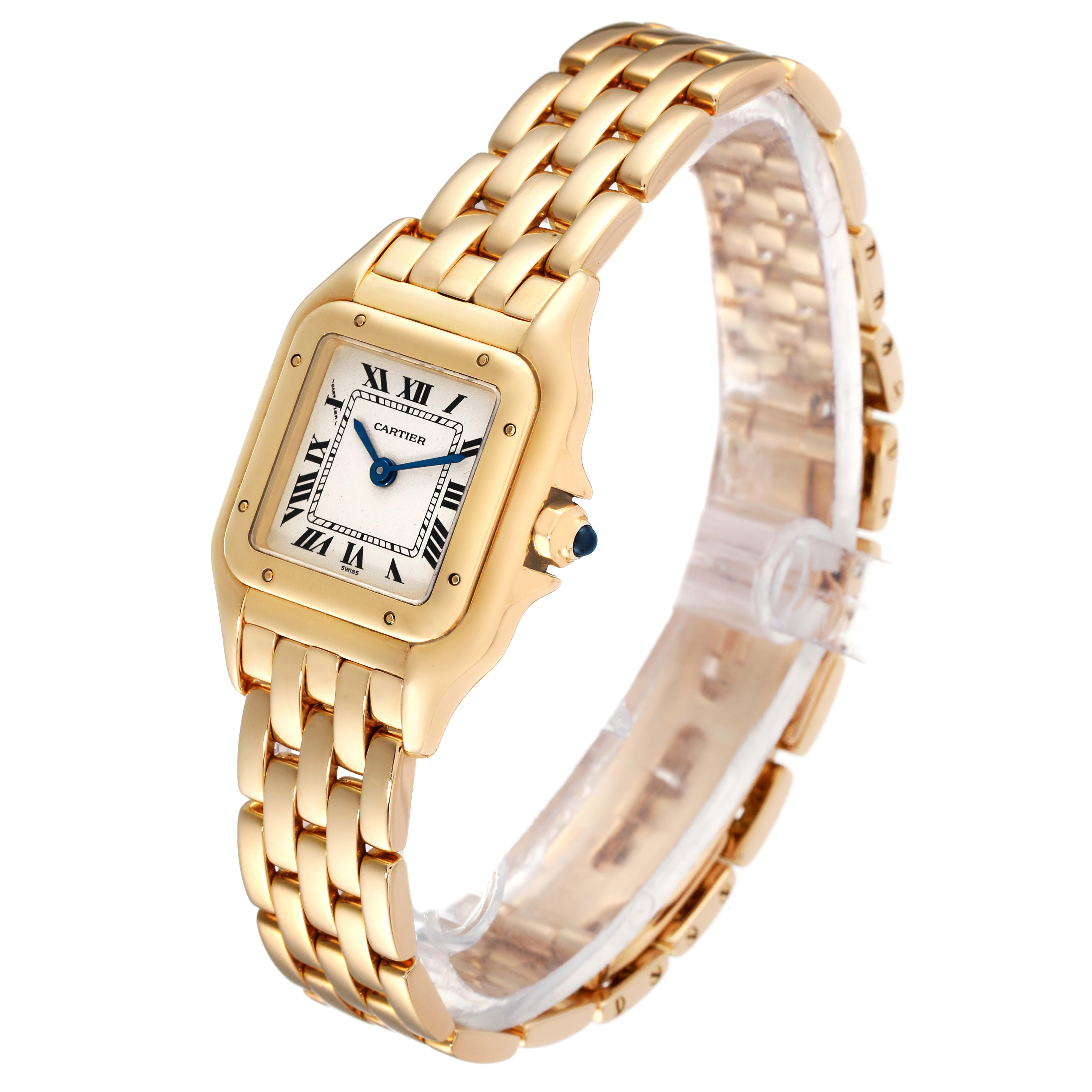 This image shows a Cartier Panthere W25022B9 Women's Yellow Gold Silver Dial W25022B9 Women's Yellow Gold Silver Dial model watch at a three-quarters angle, displaying its face, bracelet, and crown.