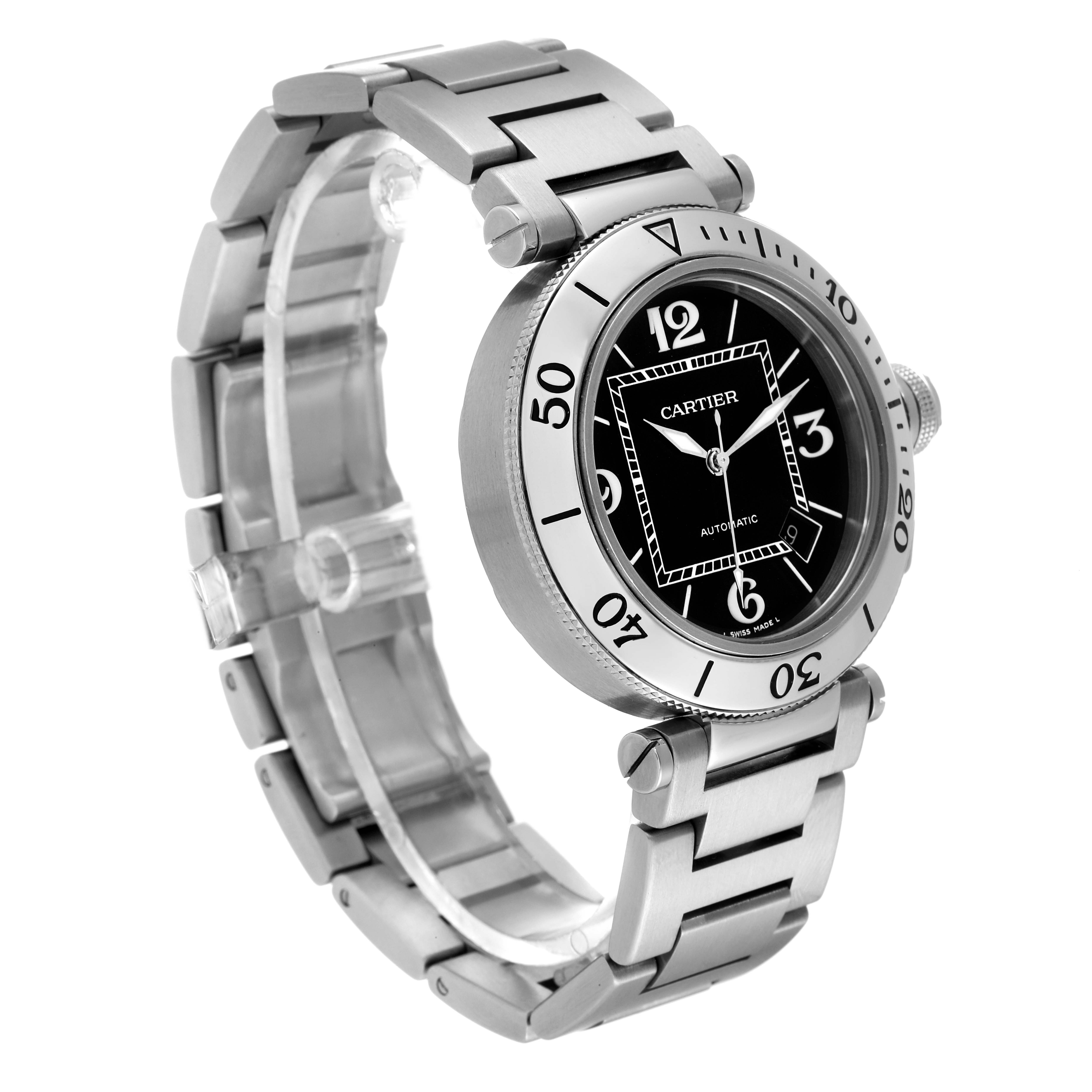 The image shows a Cartier Pasha W31077M7 Men's Stainless Steel Black Dial W31077M7 Men's Stainless Steel Black Dial watch angled to display the face, bezel, and bracelet.