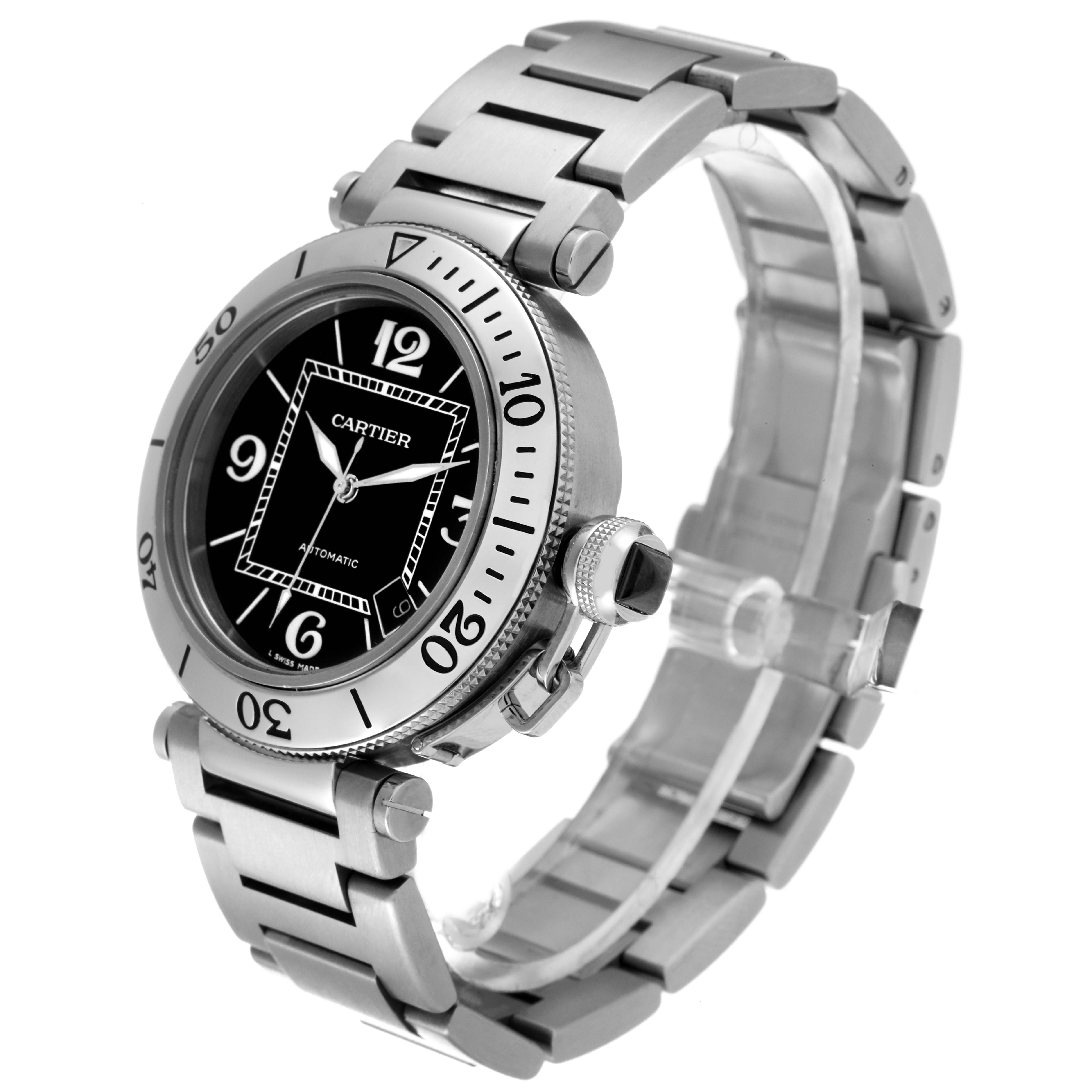 This image shows a side and top angle of a Cartier Pasha W31077M7 Men's Stainless Steel Black Dial W31077M7 Men's Stainless Steel Black Dial model watch, highlighting its metal bracelet and crown.