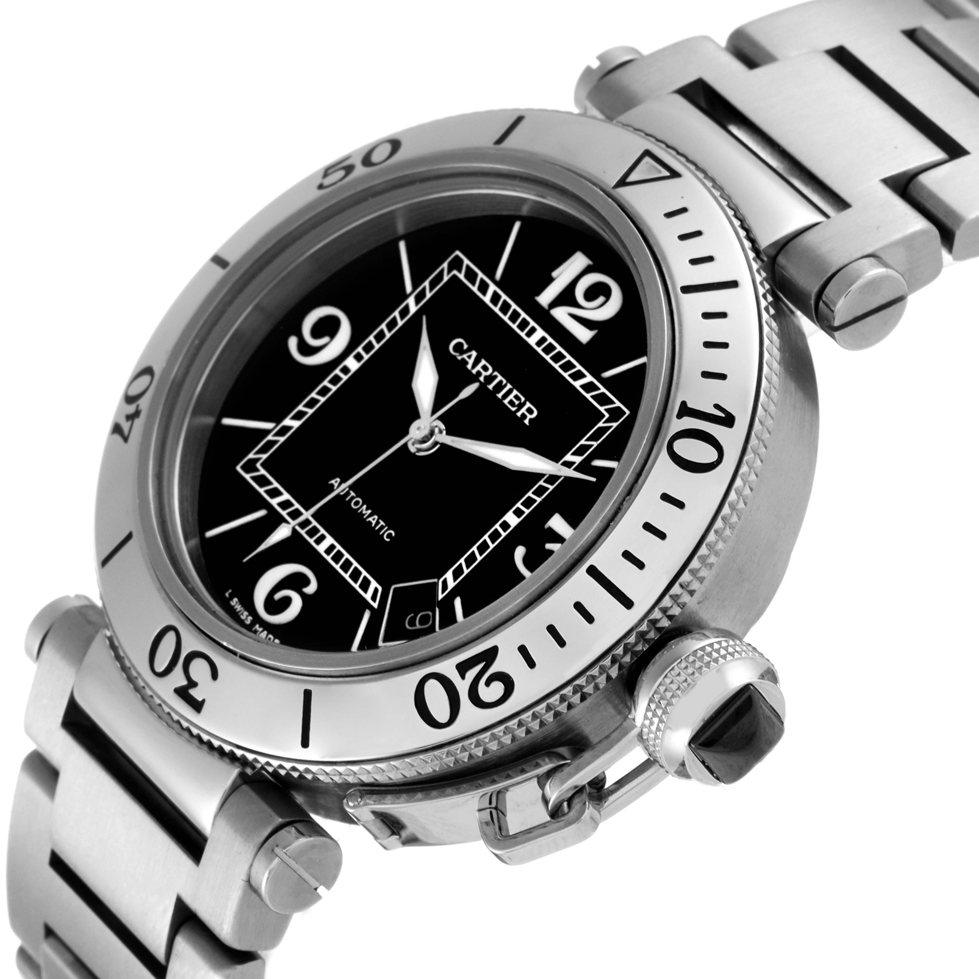 The image shows a Cartier Pasha W31077M7 Men's Stainless Steel Black Dial W31077M7 Men's Stainless Steel Black Dial model watch at a slight angle, highlighting the case, bezel, dial, crown, and bracelet.