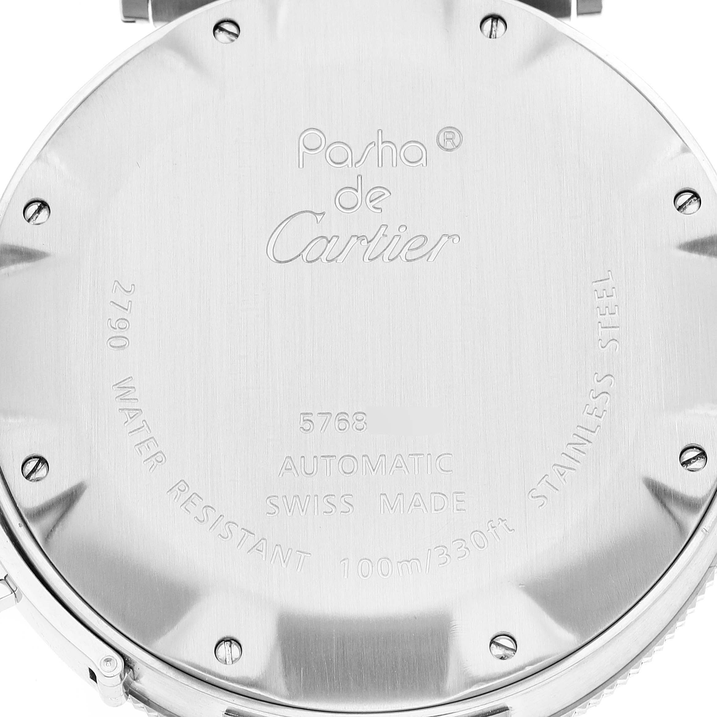 This image shows the back case of a Cartier Pasha W31077M7 Men's Stainless Steel Black Dial W31077M7 Men's Stainless Steel Black Dial watch, highlighting its engravings and specifications.