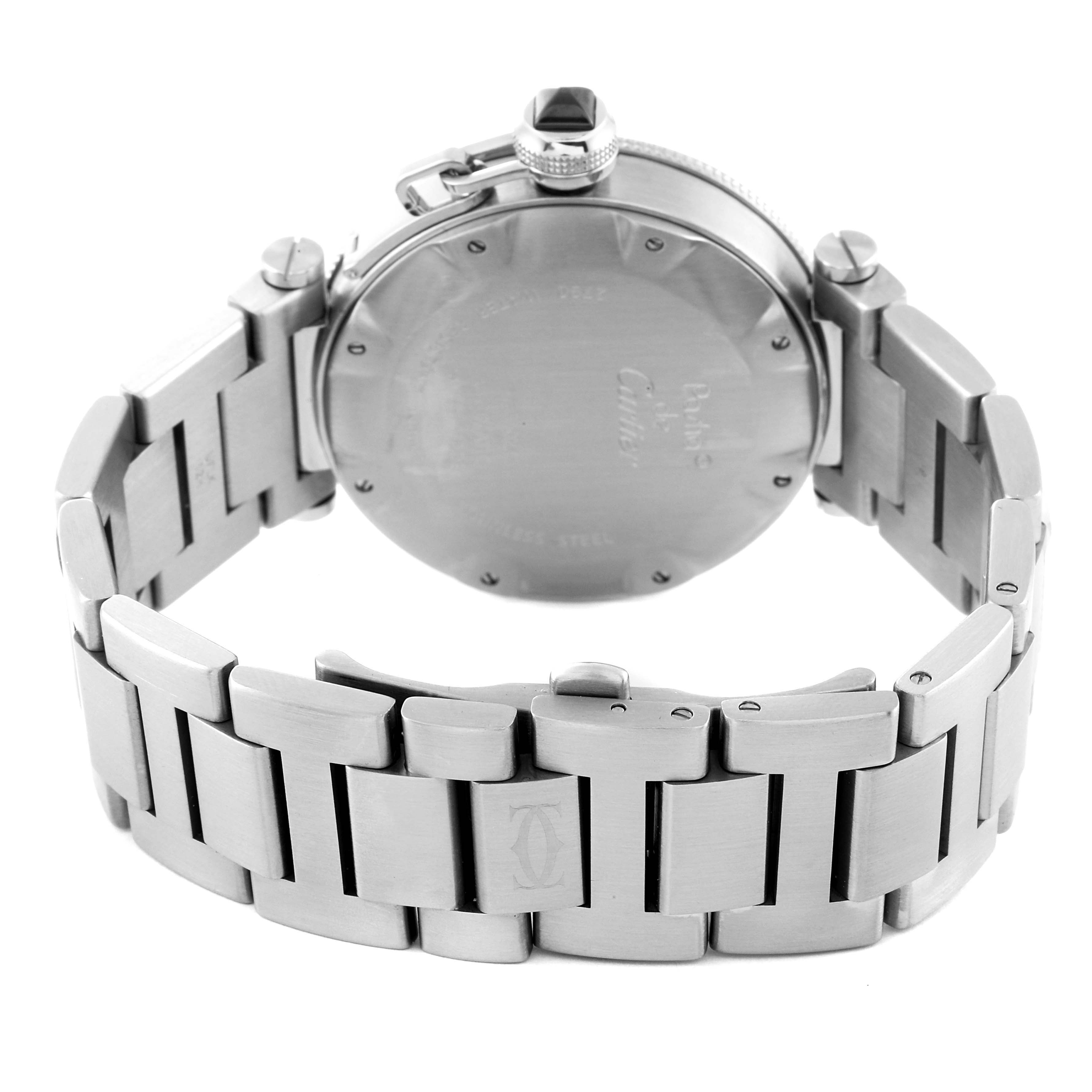 This image shows the back view and the stainless steel bracelet of the Cartier Pasha W31077M7 Men's Stainless Steel Black Dial W31077M7 Men's Stainless Steel Black Dial watch.