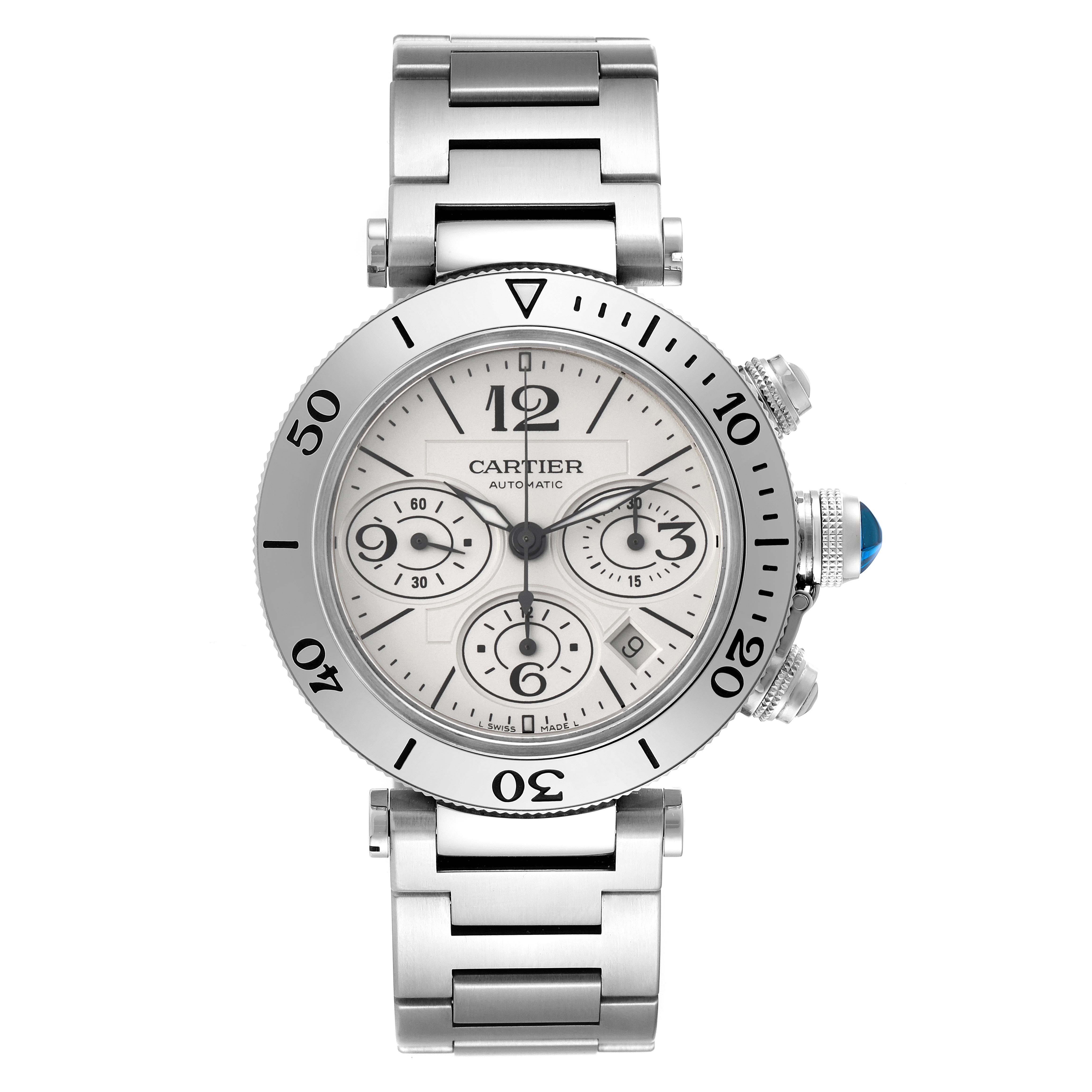 The Cartier Pasha W31089M7 Men's Stainless Steel Silver Dial W31089M7 Men's Stainless Steel Silver Dial watch is shown from a top-down angle, highlighting its bezel, dial, chronograph subdials, and metal bracelet.