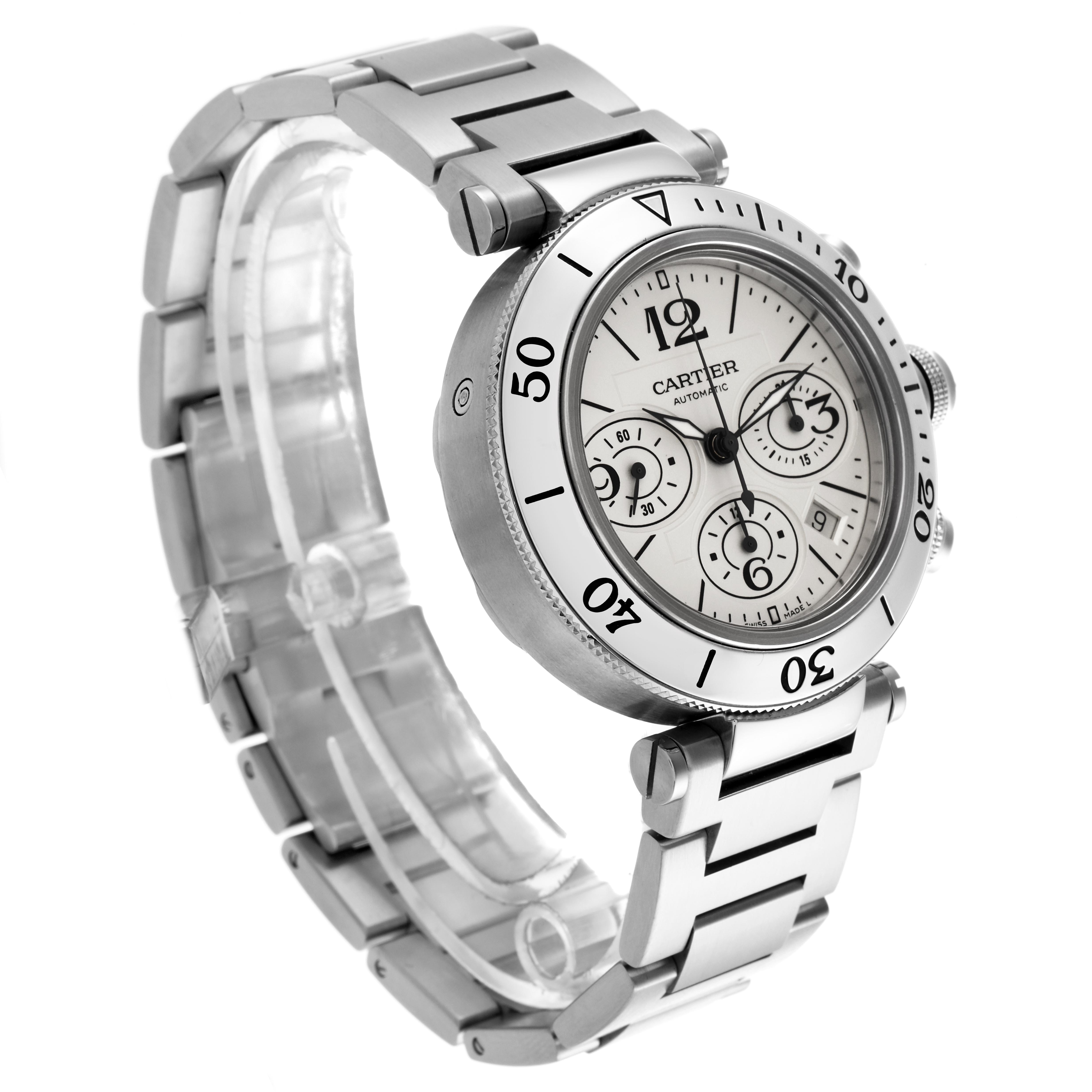 The Cartier Pasha W31089M7 Men's Stainless Steel Silver Dial W31089M7 Men's Stainless Steel Silver Dial watch is shown at a three-quarter angle, highlighting the face, bezel, and stainless steel bracelet.