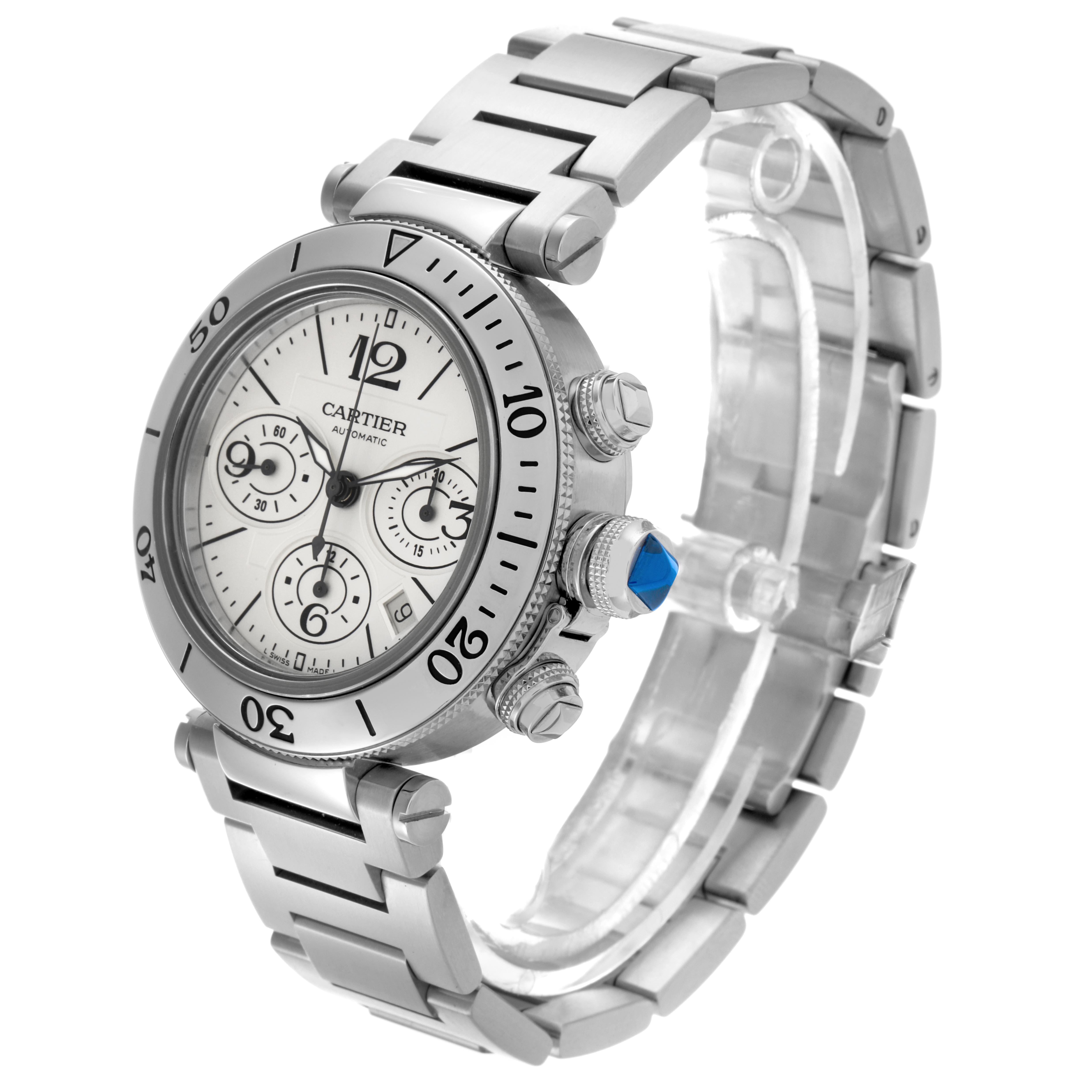 The Cartier Pasha W31089M7 Men's Stainless Steel Silver Dial W31089M7 Men's Stainless Steel Silver Dial watch is shown at a three-quarter angle, displaying the face, bezel, crown, pushers, and metal bracelet.