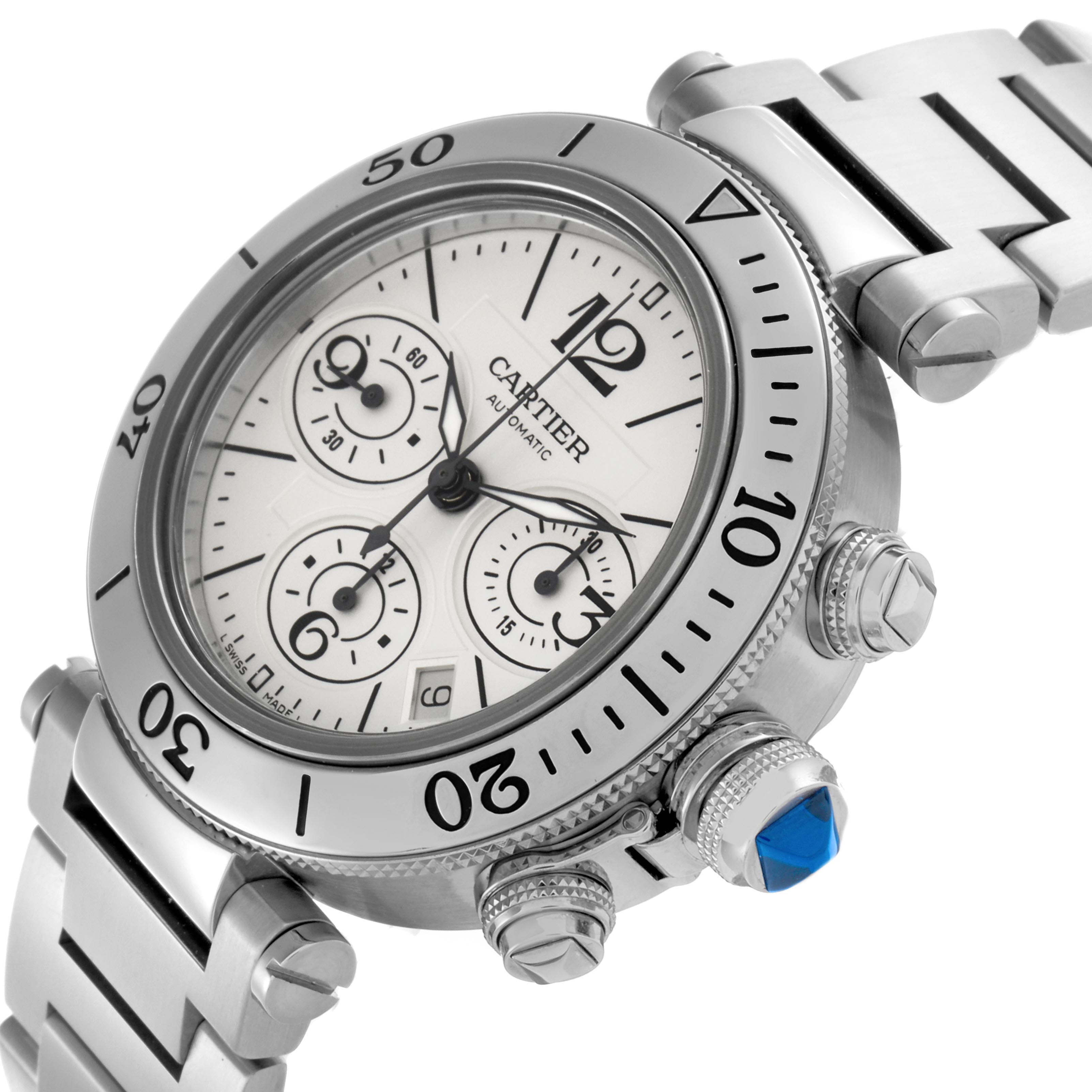 The Cartier Pasha W31089M7 Men's Stainless Steel Silver Dial W31089M7 Men's Stainless Steel Silver Dial watch is shown at an angled view featuring the dial, bezel, crown, and part of the bracelet.