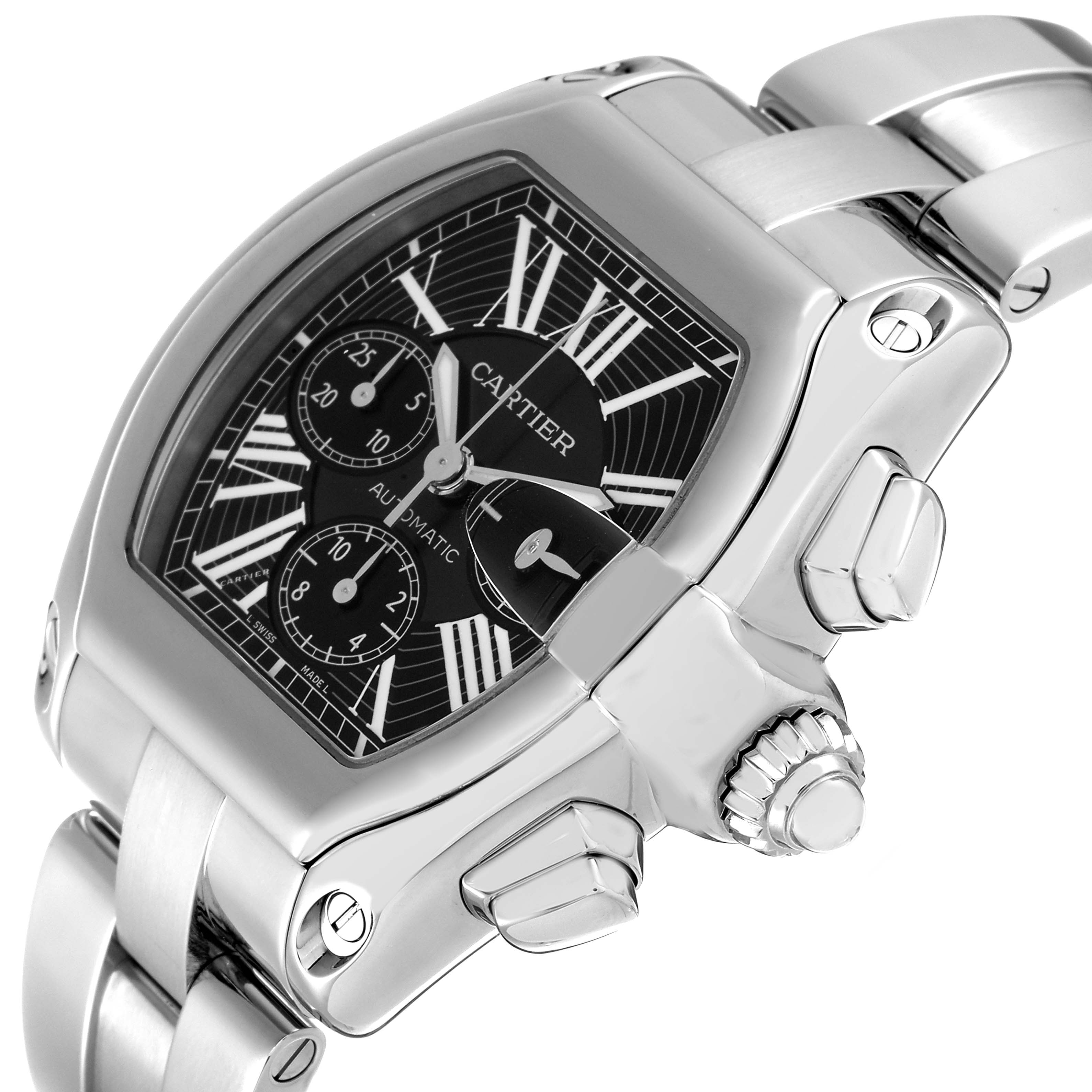 This image shows the Cartier Roadster W62020X6 Men's Stainless Steel Black Dial W62020X6 Men's Stainless Steel Black Dial watch at an angled close-up, highlighting its face, crown, and bracelet links.