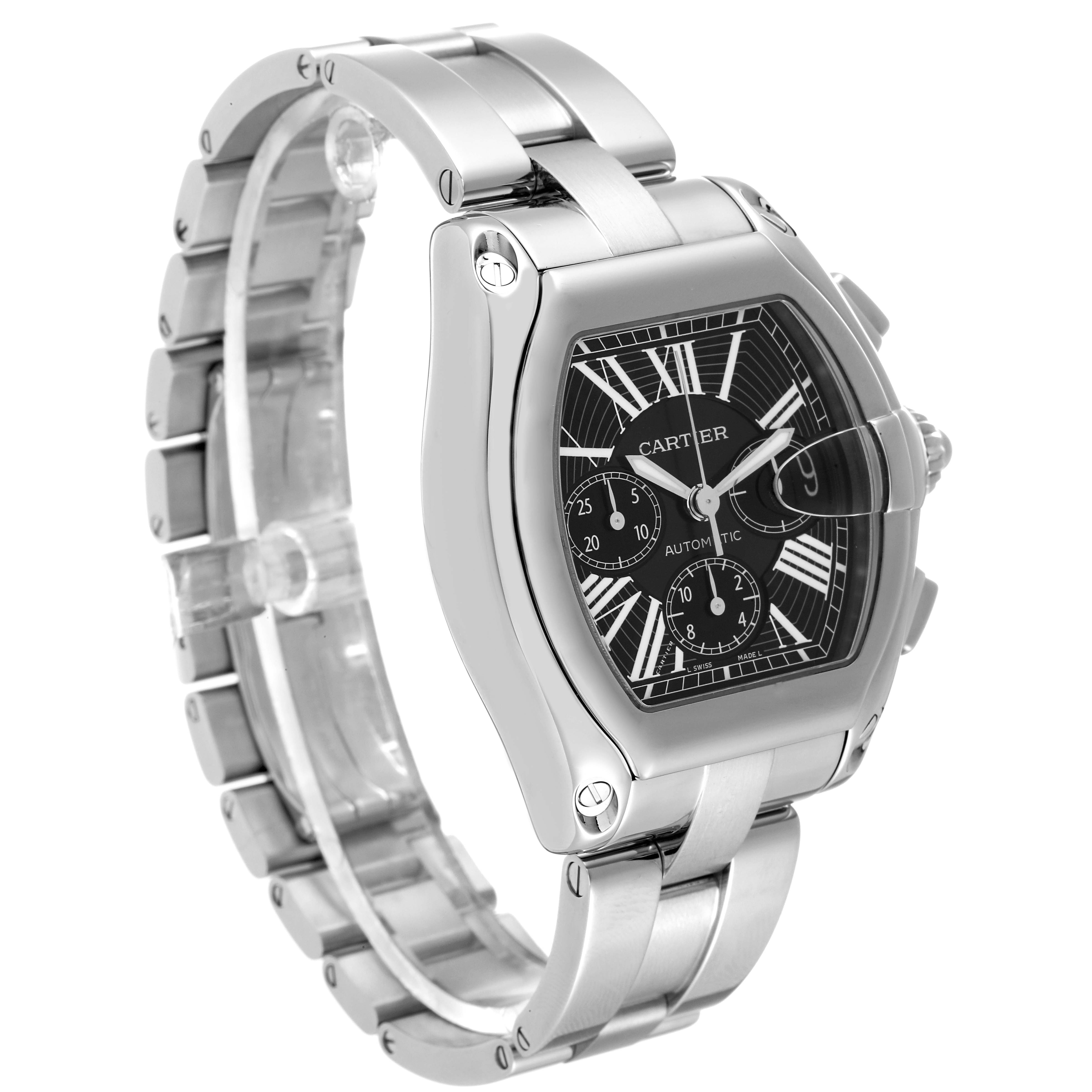 The Cartier Roadster W62020X6 Men's Stainless Steel Black Dial W62020X6 Men's Stainless Steel Black Dial watch is shown at a three-quarter angle displaying the face, bezel, and metal bracelet.
