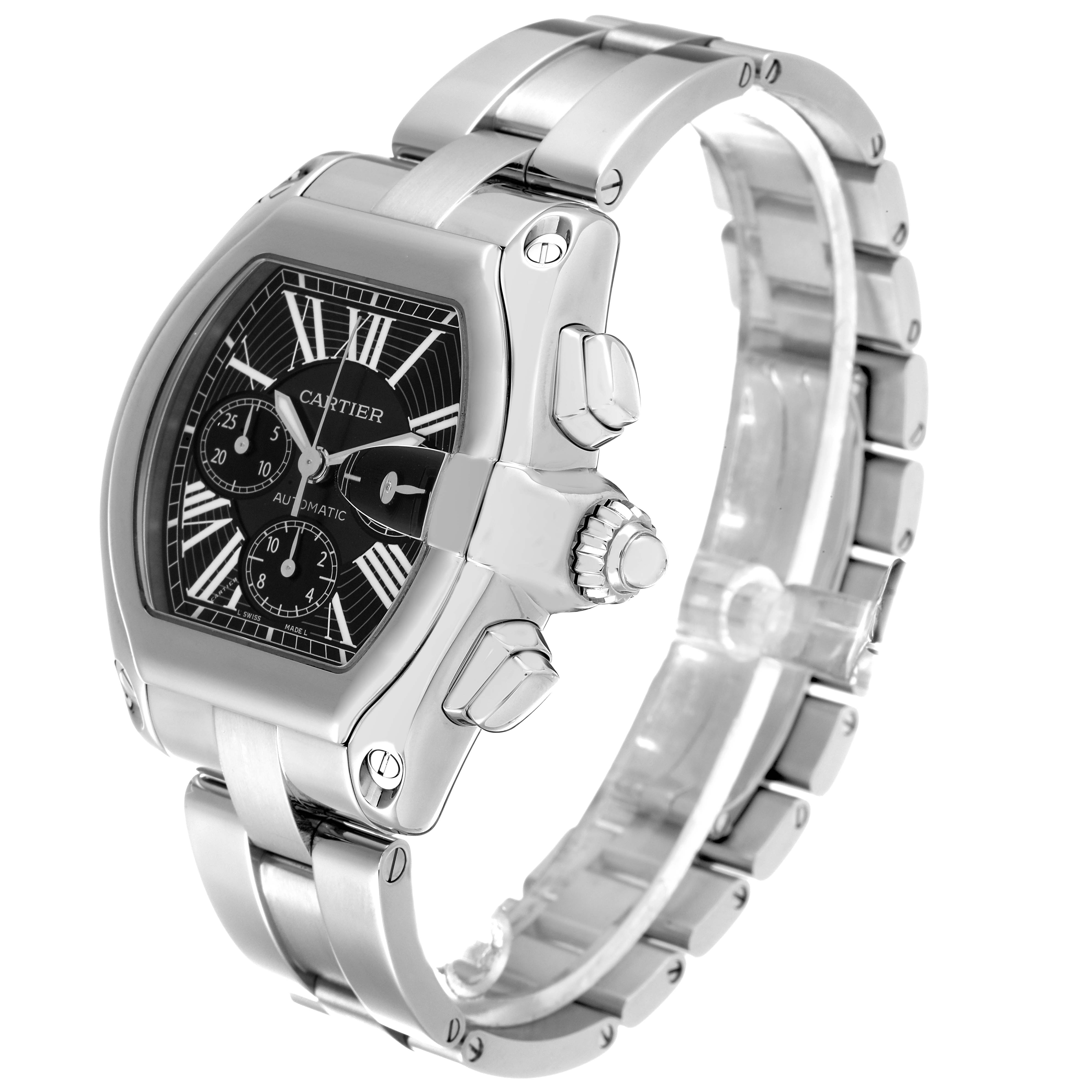The Cartier Roadster W62020X6 Men's Stainless Steel Black Dial W62020X6 Men's Stainless Steel Black Dial watch is shown from an angled side view, displaying its dial, bezel, crown, and partial bracelet.