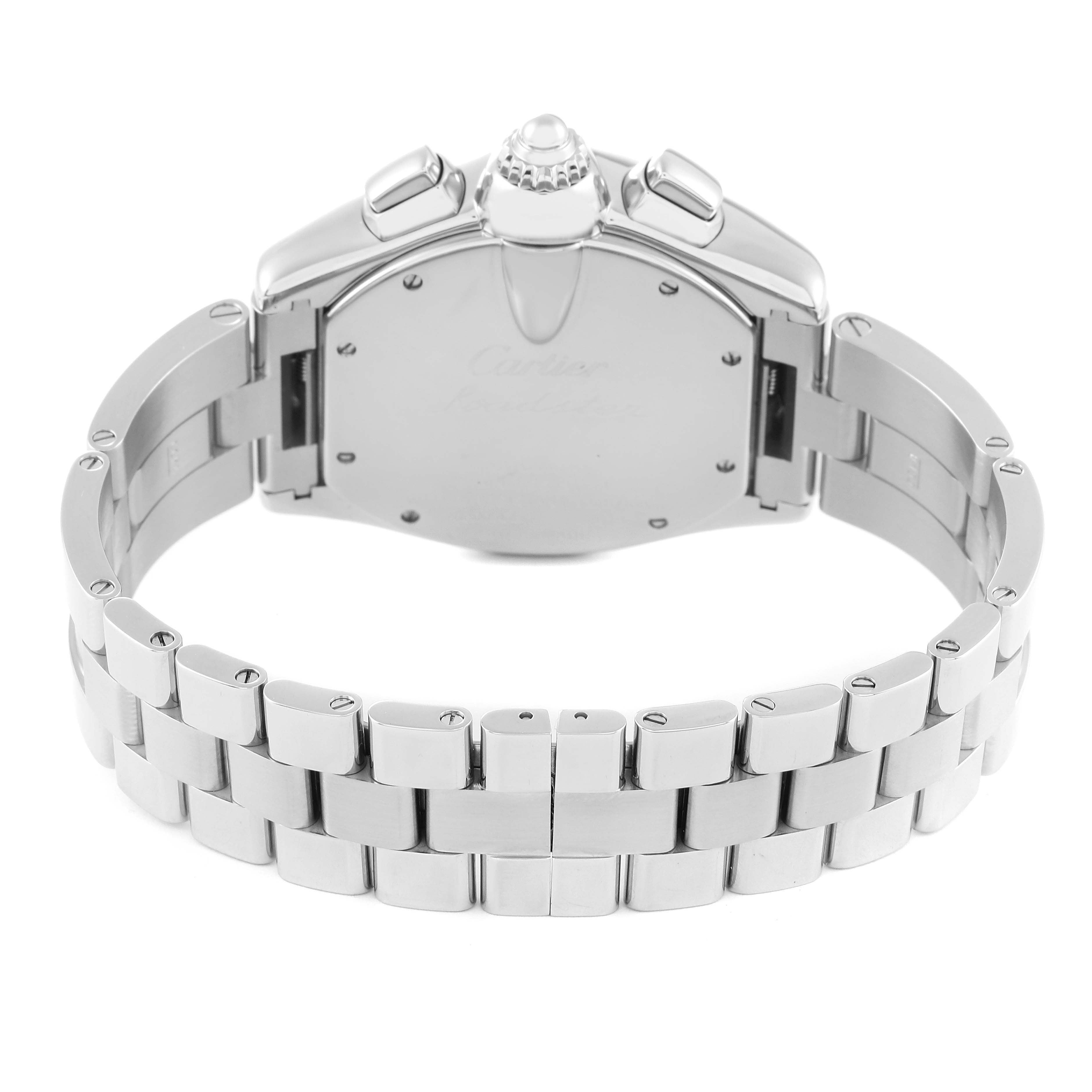 This image shows the back view of a Cartier Roadster W62020X6 Men's Stainless Steel Black Dial W62020X6 Men's Stainless Steel Black Dial watch, highlighting its bracelet and clasp.