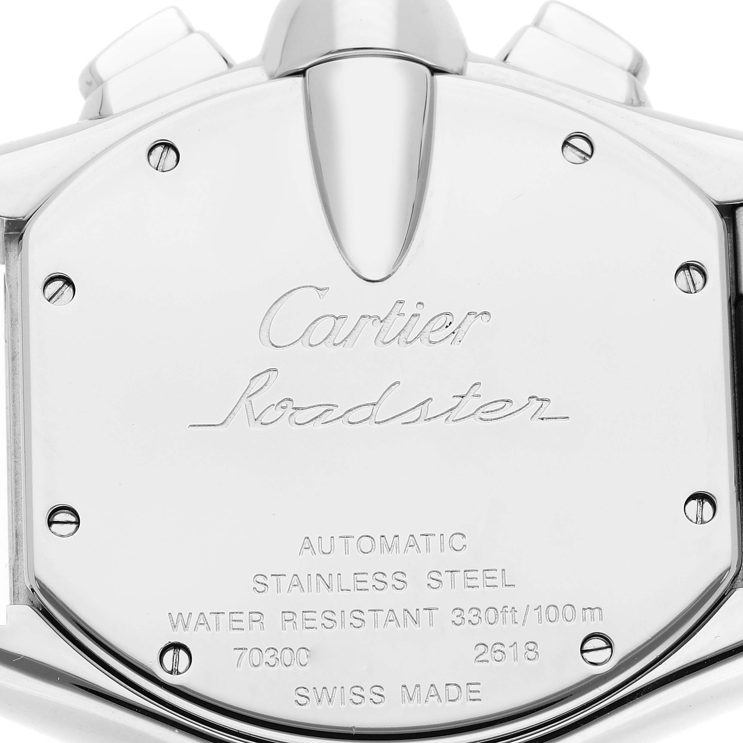 The image shows the backside of a Cartier Roadster W62020X6 Men's Stainless Steel Black Dial W62020X6 Men's Stainless Steel Black Dial watch, displaying the model, brand, and specifications.