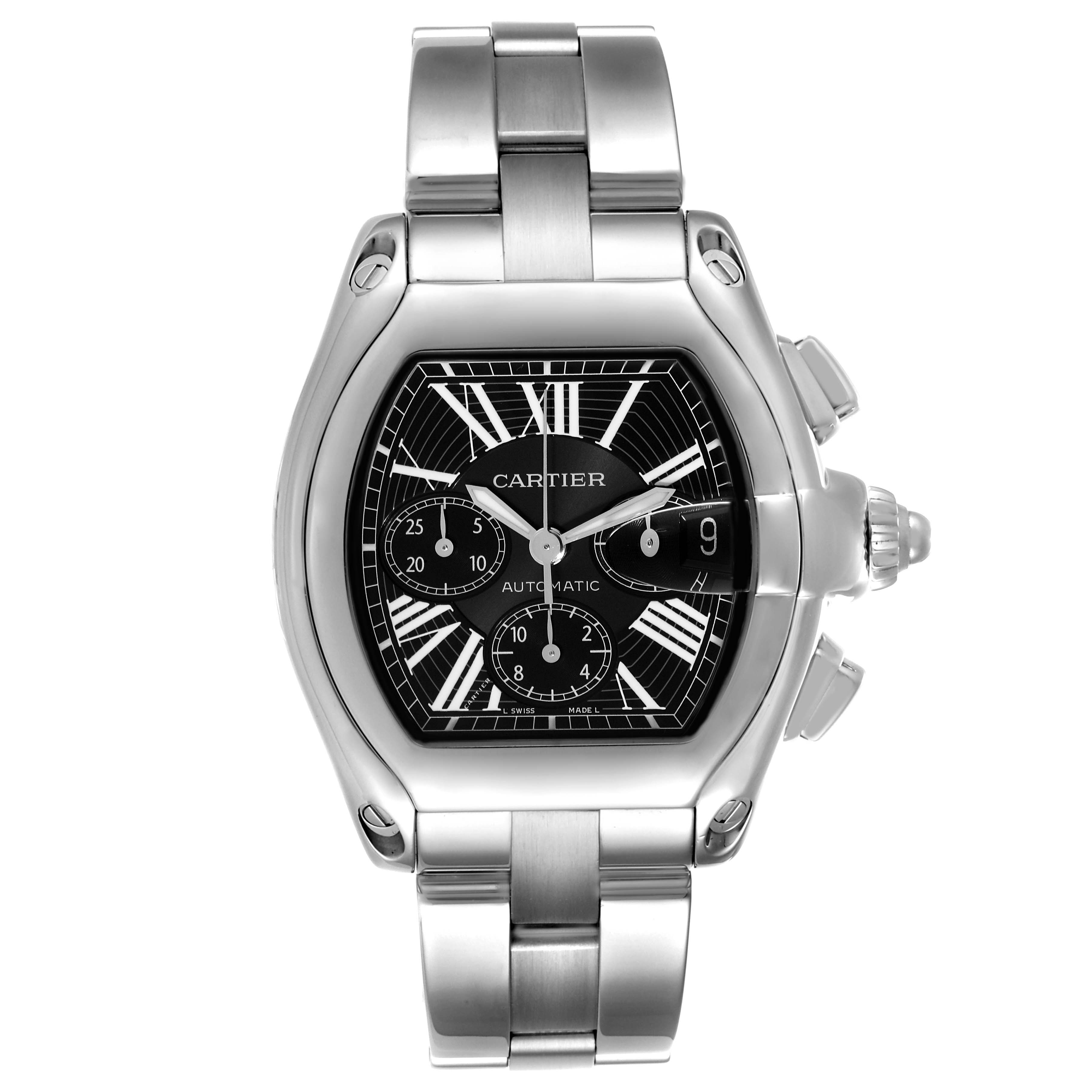 This image shows a front view of the Cartier Roadster W62020X6 Men's Stainless Steel Black Dial W62020X6 Men's Stainless Steel Black Dial model watch, featuring the dial, bracelet, and crown.