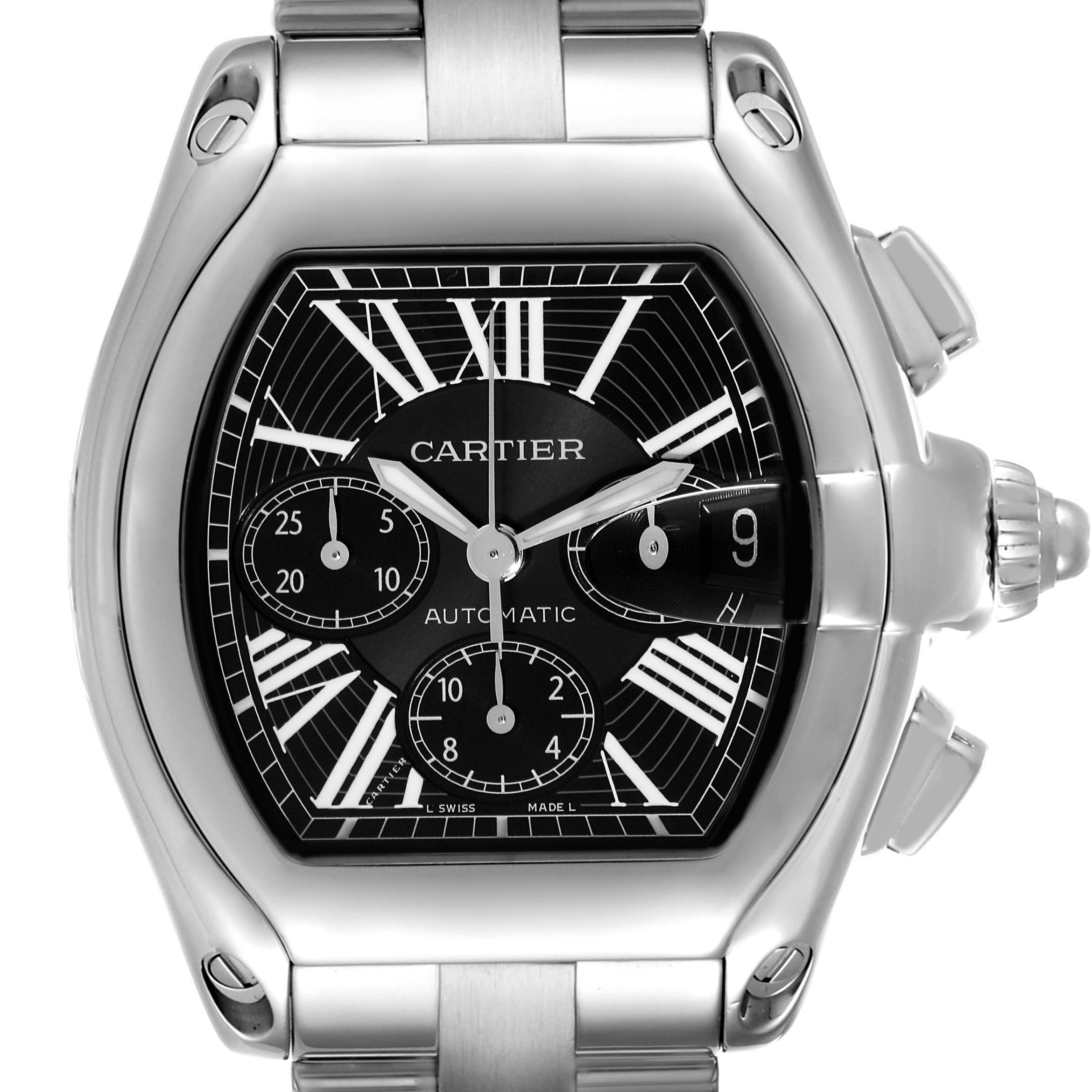 This image shows a front view of the Cartier Roadster W62020X6 Men's Stainless Steel Black Dial W62020X6 Men's Stainless Steel Black Dial watch, featuring the dial, case, and part of the bracelet.