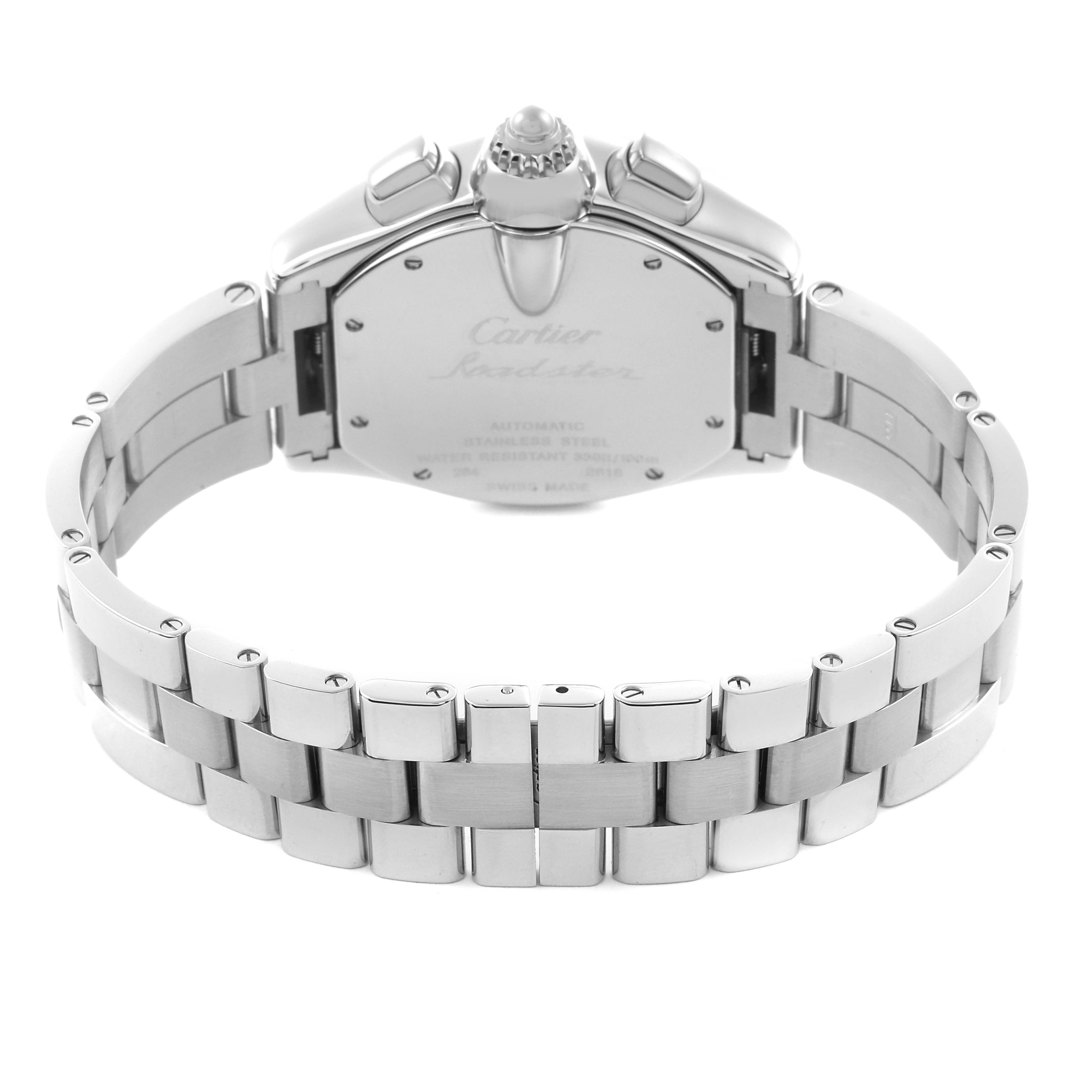 The image shows the back view of a Cartier Roadster W62019X6 Men's Stainless Steel Silver Dial W62019X6 Men's Stainless Steel Silver Dial watch, highlighting the stainless steel bracelet and case back.