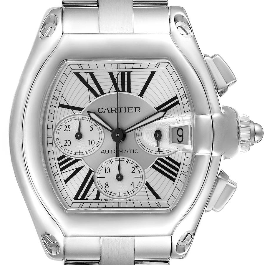 The Cartier Roadster watch is shown from a front angle, highlighting the dial, crown, and chronograph pushers.