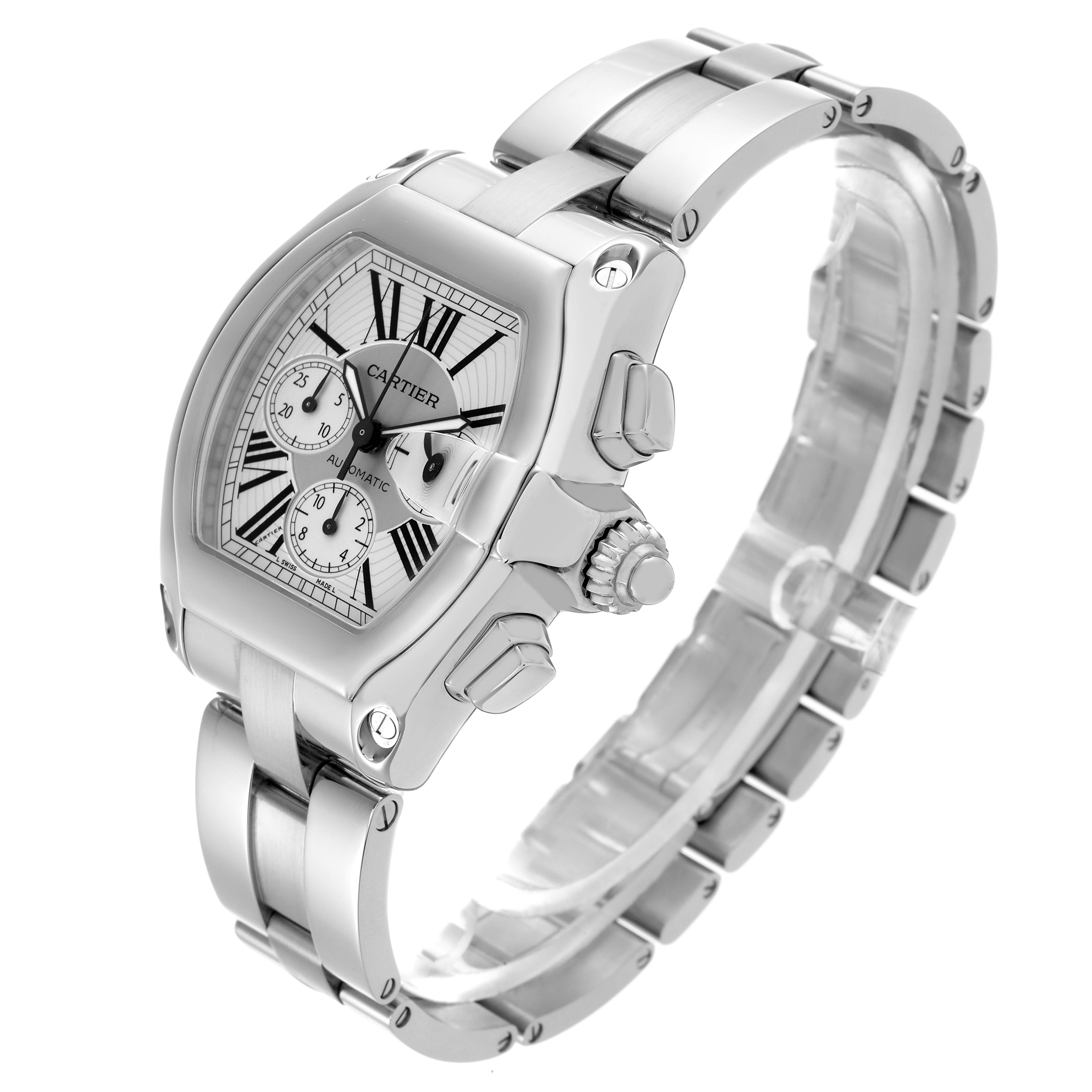 The Cartier Roadster W62019X6 Men's Stainless Steel Silver Dial W62019X6 Men's Stainless Steel Silver Dial watch is shown at a three-quarter angle displaying the face, bezel, crown, and bracelet.