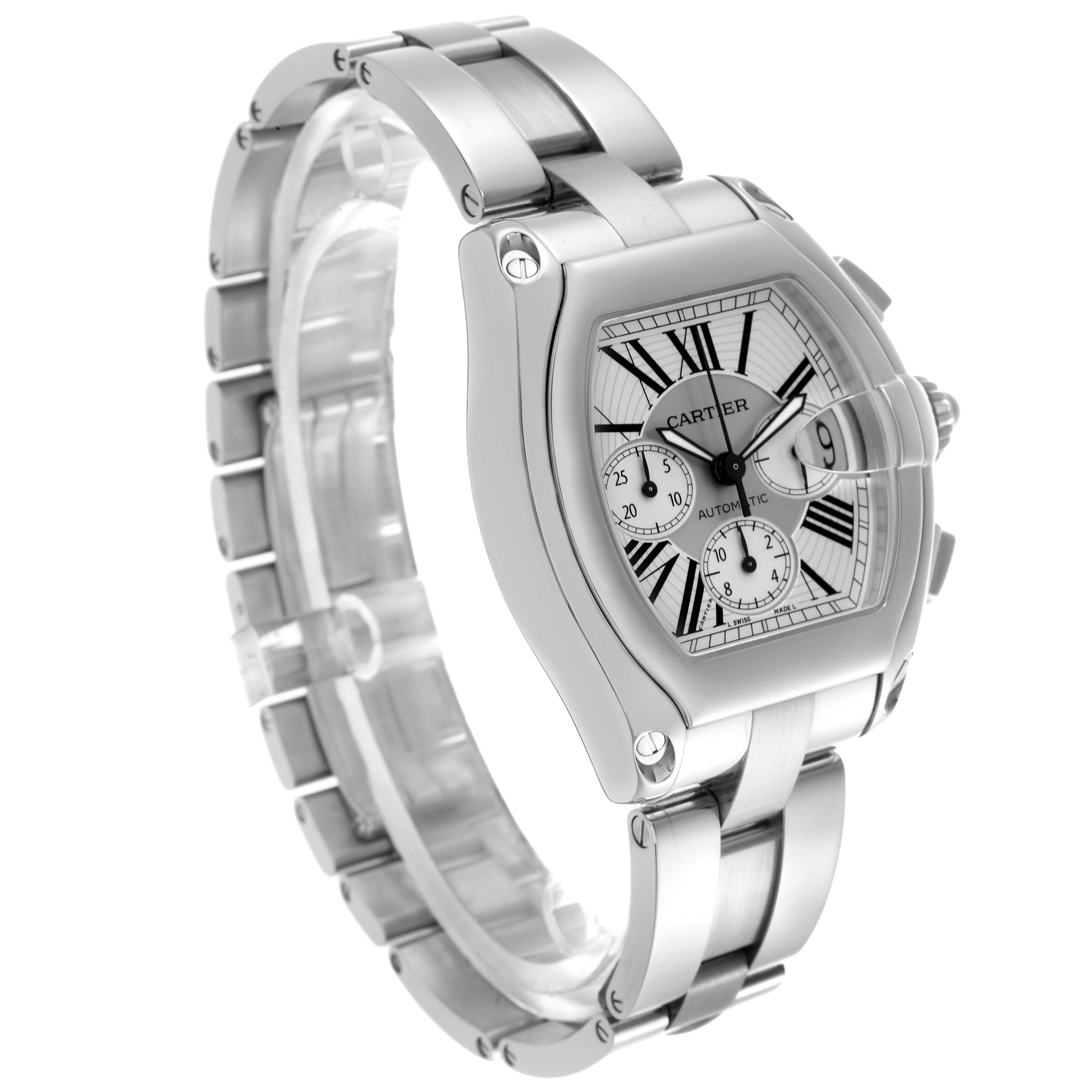The Cartier Roadster W62019X6 Men's Stainless Steel Silver Dial W62019X6 Men's Stainless Steel Silver Dial watch is shown at an angled view, highlighting its face, bezel, and stainless steel bracelet.