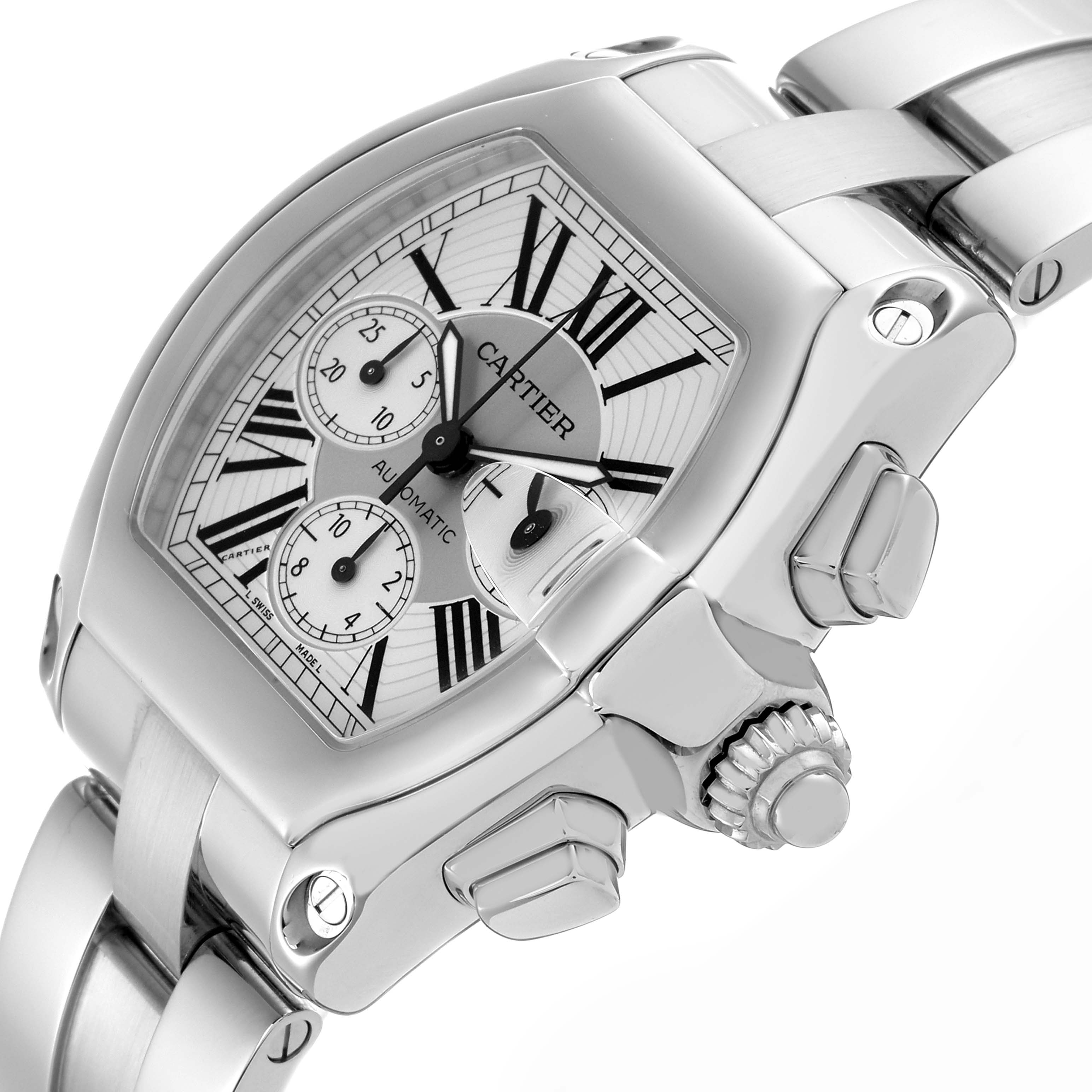The image shows a Cartier Roadster W62019X6 Men's Stainless Steel Silver Dial W62019X6 Men's Stainless Steel Silver Dial watch at an angled view, highlighting the case, dial, crown, and part of the bracelet.