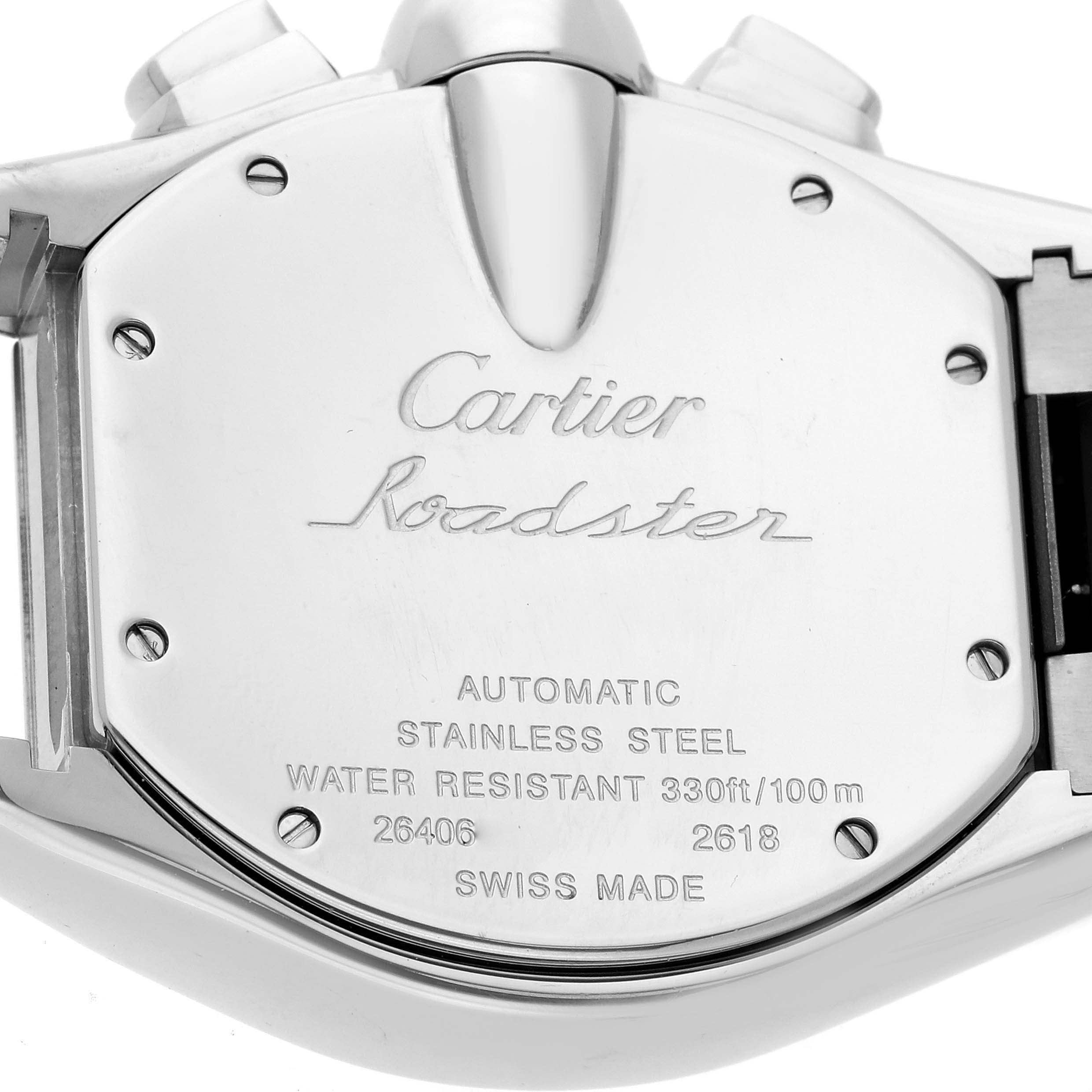 The image shows the back of a Cartier Roadster W62019X6 Men's Stainless Steel Silver Dial W62019X6 Men's Stainless Steel Silver Dial watch, highlighting the stainless steel case and engraved details.