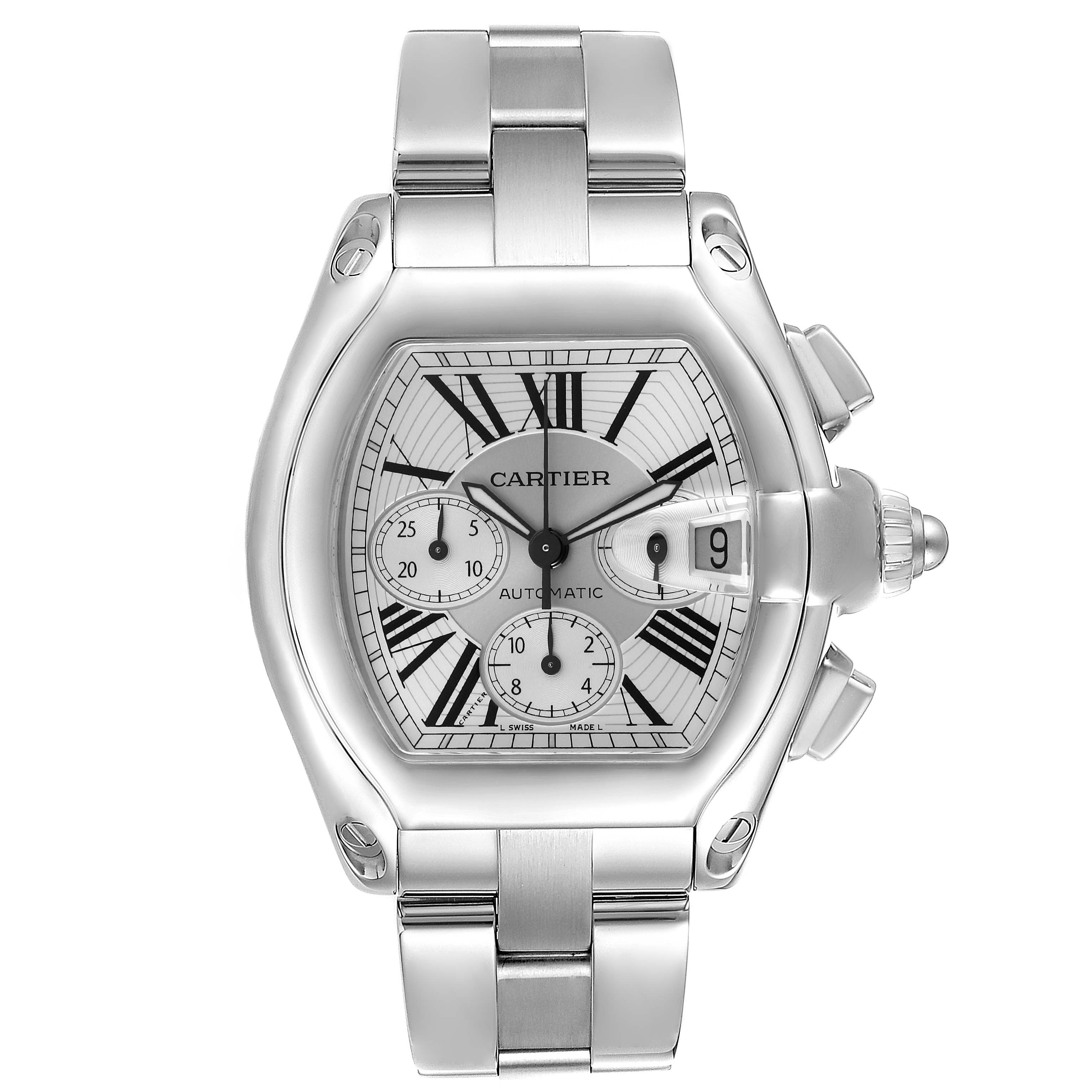 The Cartier Roadster W62019X6 Men's Stainless Steel Silver Dial W62019X6 Men's Stainless Steel Silver Dial watch is shown from a front angle, displaying the face, bracelet, and side crown.
