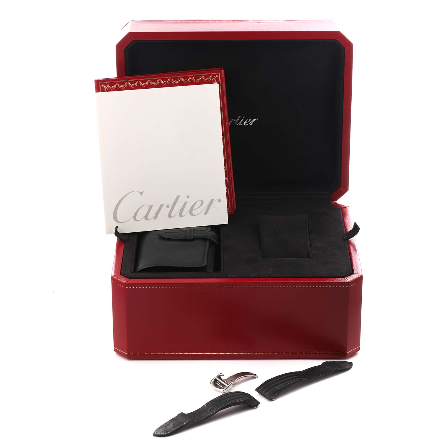 The image shows accessories for a Cartier Roadster W62019X6 Men's Stainless Steel Silver Dial W62019X6 Men's Stainless Steel Silver Dial watch, including interchangeable straps and a clasp, in an open presentation box.