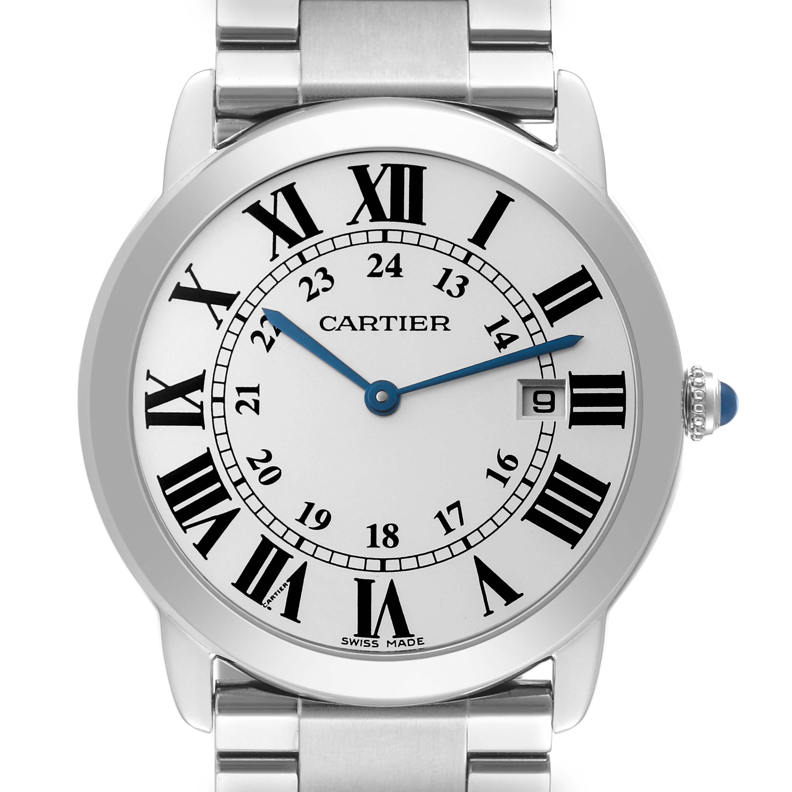 The image shows a close-up of the face of a Cartier Ronde W6701005 Men
s Stainless Steel Silver Dial W6701005 Men
s Stainless Steel Silver Dial watch with a metal bracelet, Roman numerals, and a date window.