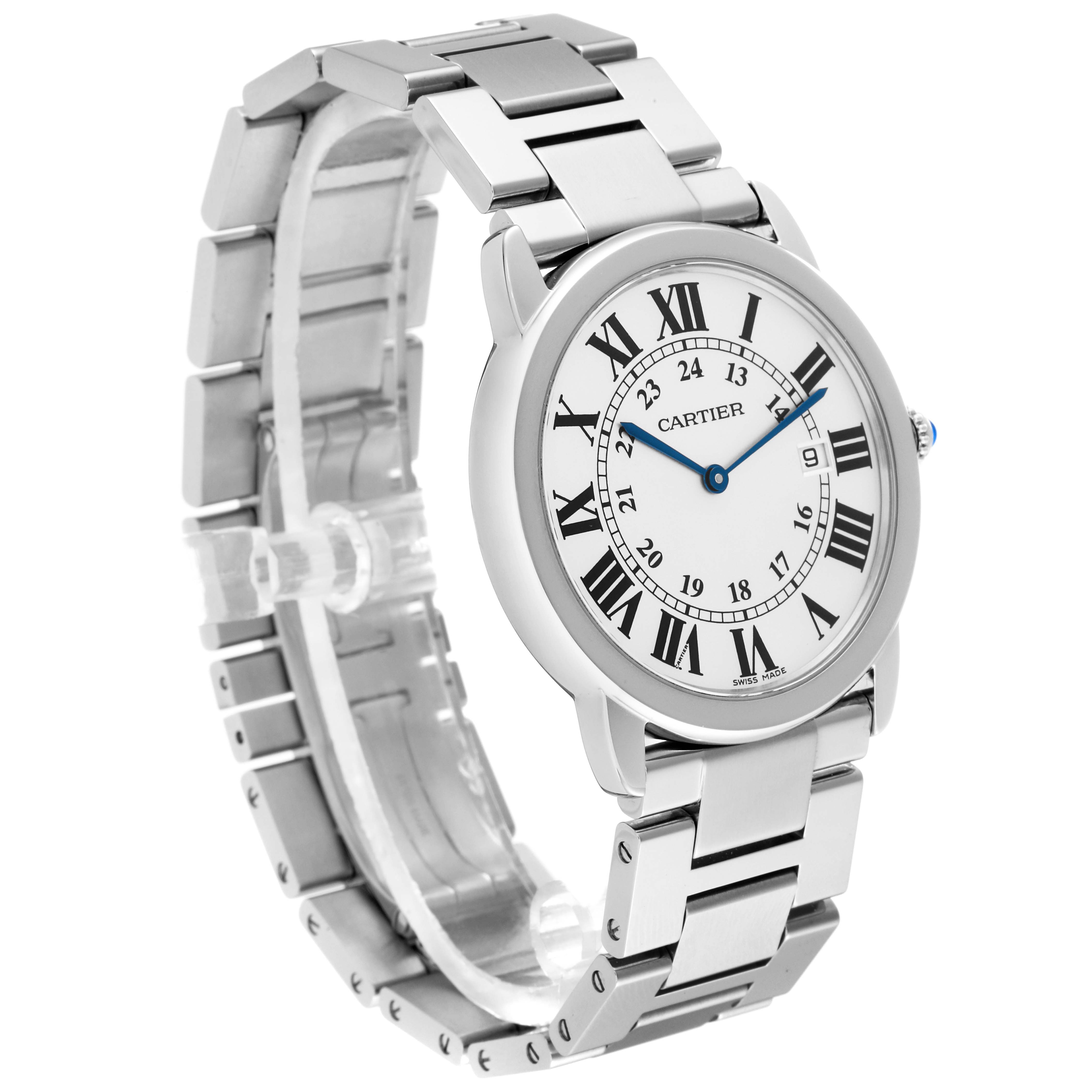 The image shows a Cartier Ronde W6701005 Men
s Stainless Steel Silver Dial W6701005 Men
s Stainless Steel Silver Dial watch at a three-quarter angle displaying its face and metal bracelet.